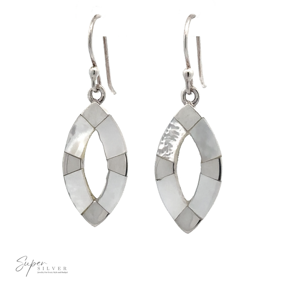 
                  
                    Silver and white geometric dangle earrings with an elongated elliptical shape and hook closures, reminiscent of elegant Inlaid Marquise Dangle Earrings. The "Super Silver" logo is shown at the lower left corner.
                  
                