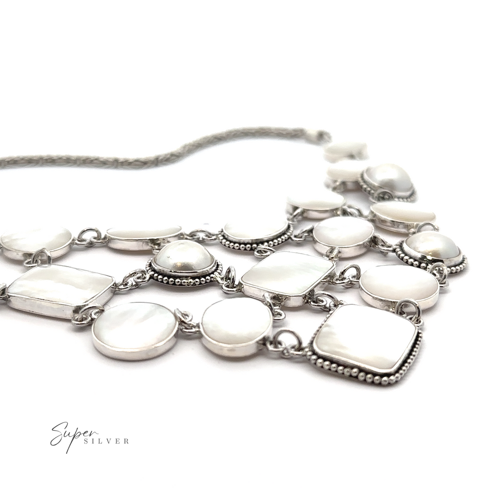 A Statement Mother of Pearl Bali Necklace with Mother-of-Pearl stones.