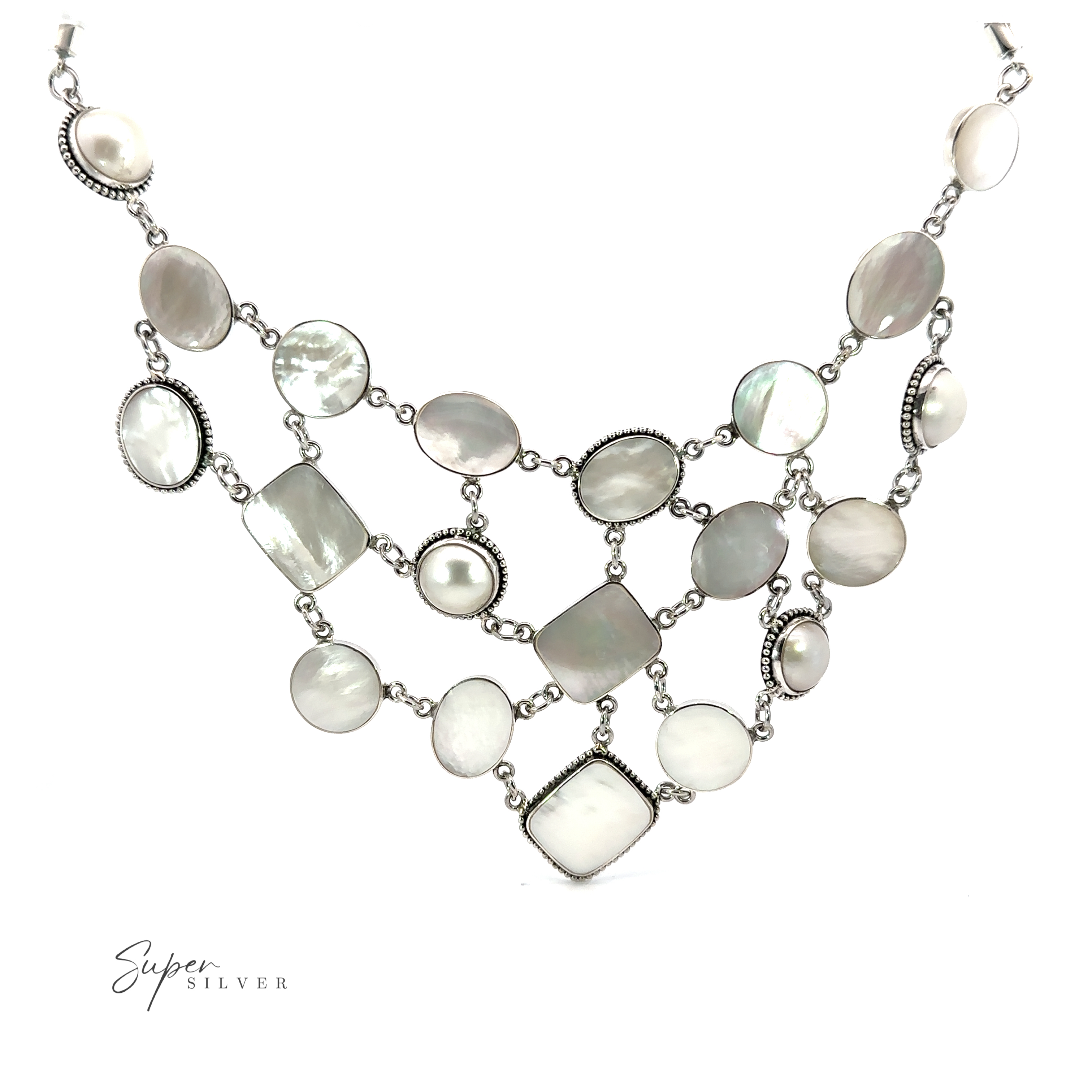 A stunning Statement Mother of Pearl Bali Necklace adorned with silver accents.