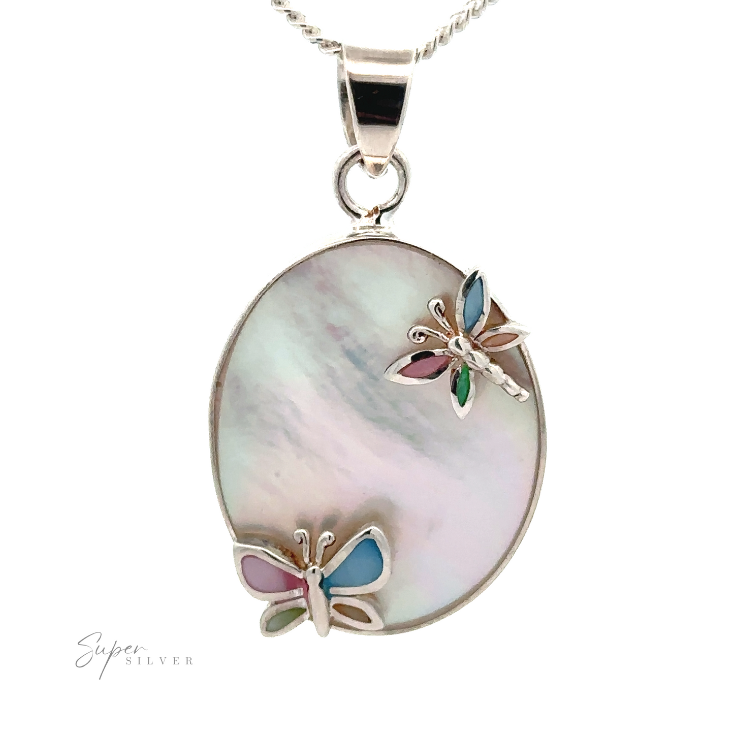 
                  
                    Mother of Pearl Pendant with Butterflies and Dragonflies, adorned with a pearlescent surface, two colorful butterfly embellishments, and hanging from a sterling silver chain.
                  
                