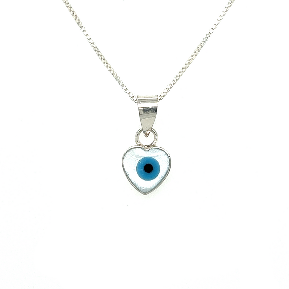 
                  
                    Mother of Pearl Evil Eye Charms pendants with heart shaped glass on a silver chain, providing protection.
                  
                