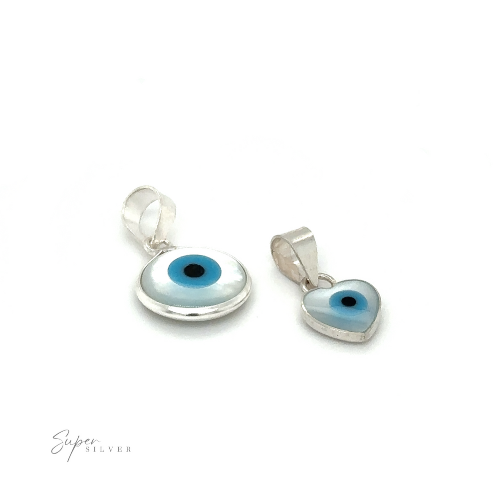 Two Mother of Pearl Evil Eye Charms adorned with mother-of-pearl, providing protection, showcased against a white background.