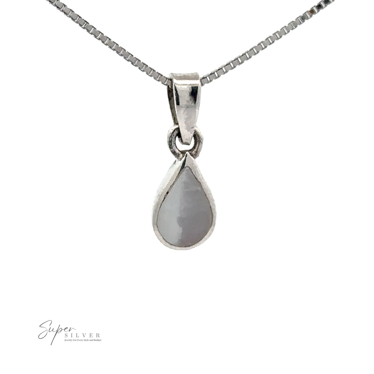 
                  
                    A sterling silver necklace featuring a Tiny Inlay Teardrop Pendant with a light-colored stone and a small "Super Silver" logo in the bottom left corner, perfect for those who appreciate minimal jewelry.
                  
                