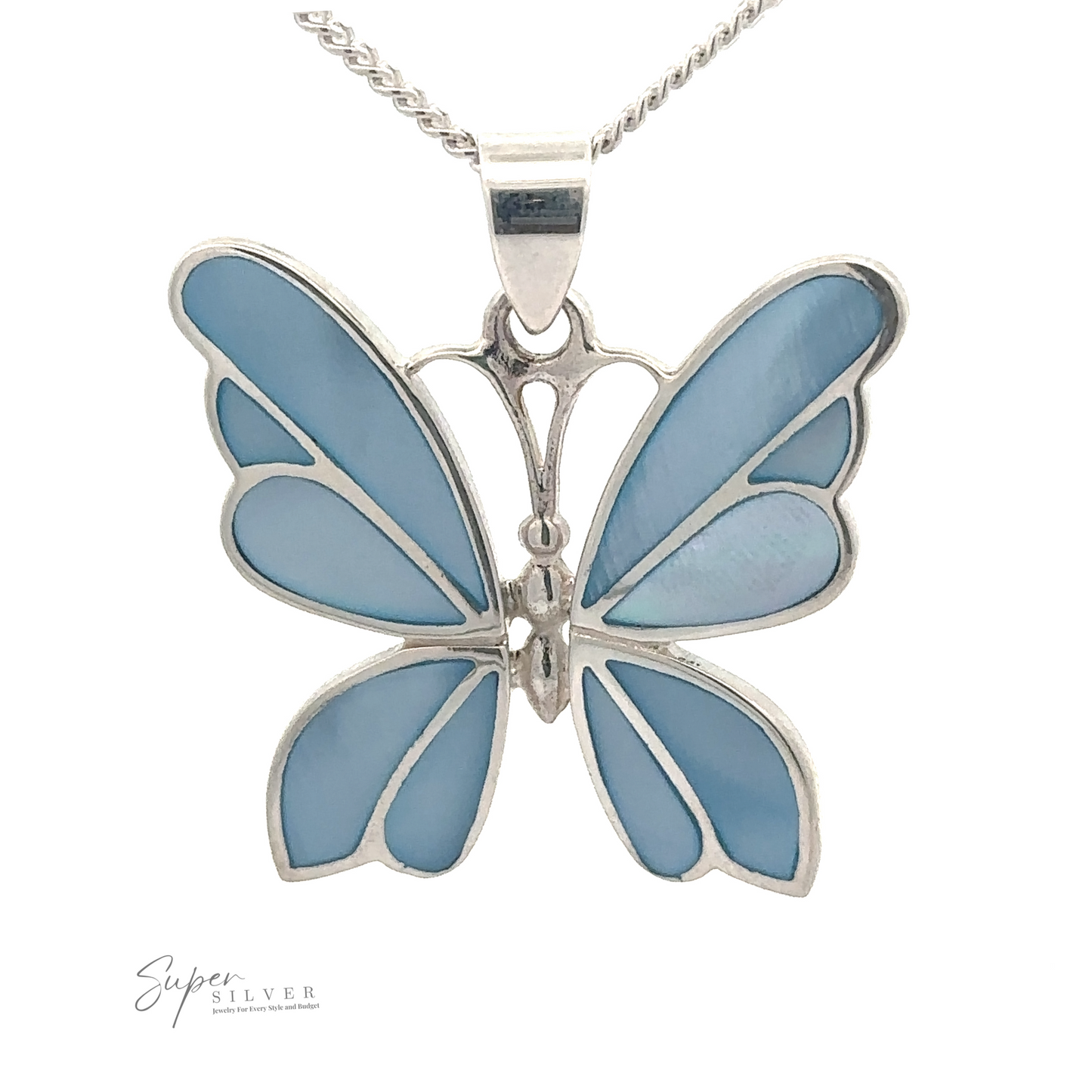 
                  
                    A Medium Inlay Butterfly Pendant adorned with turquoise inlays on a silver chain.
                  
                