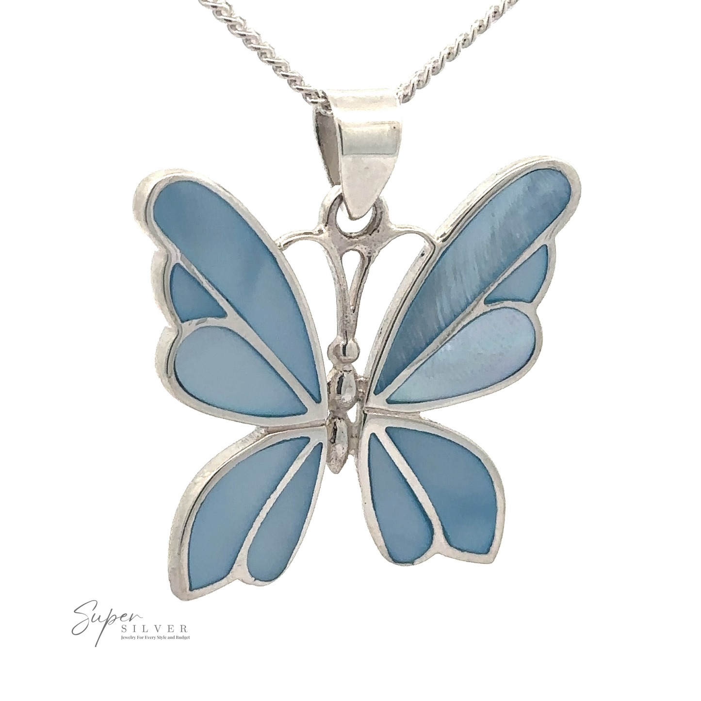 
                  
                    A Medium Inlay Butterfly Pendant featuring a butterfly pendant with turquoise enamel wings. The chain is also made of silver. The pendant has the text "Super Silver" on the bottom left.
                  
                