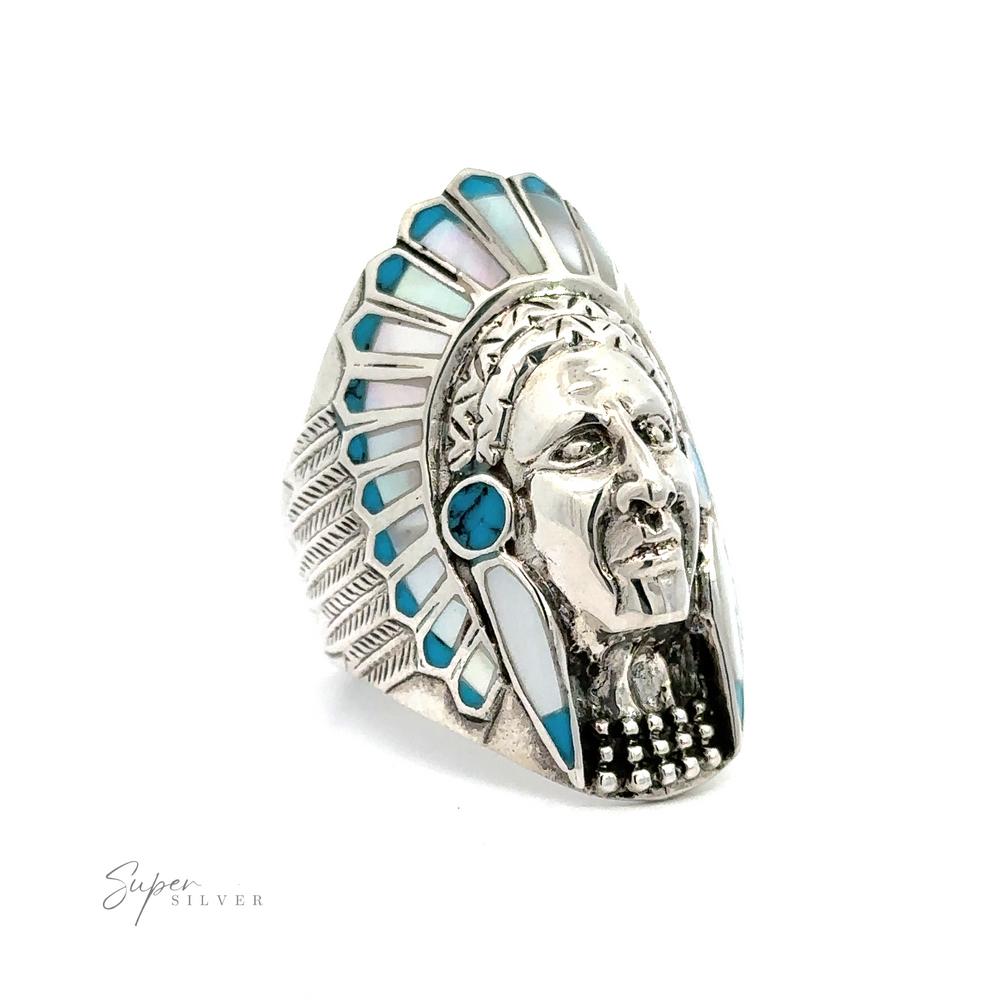 
                  
                    An Inlay Chief Ring with a Native American chief wearing a traditional headdress.
                  
                