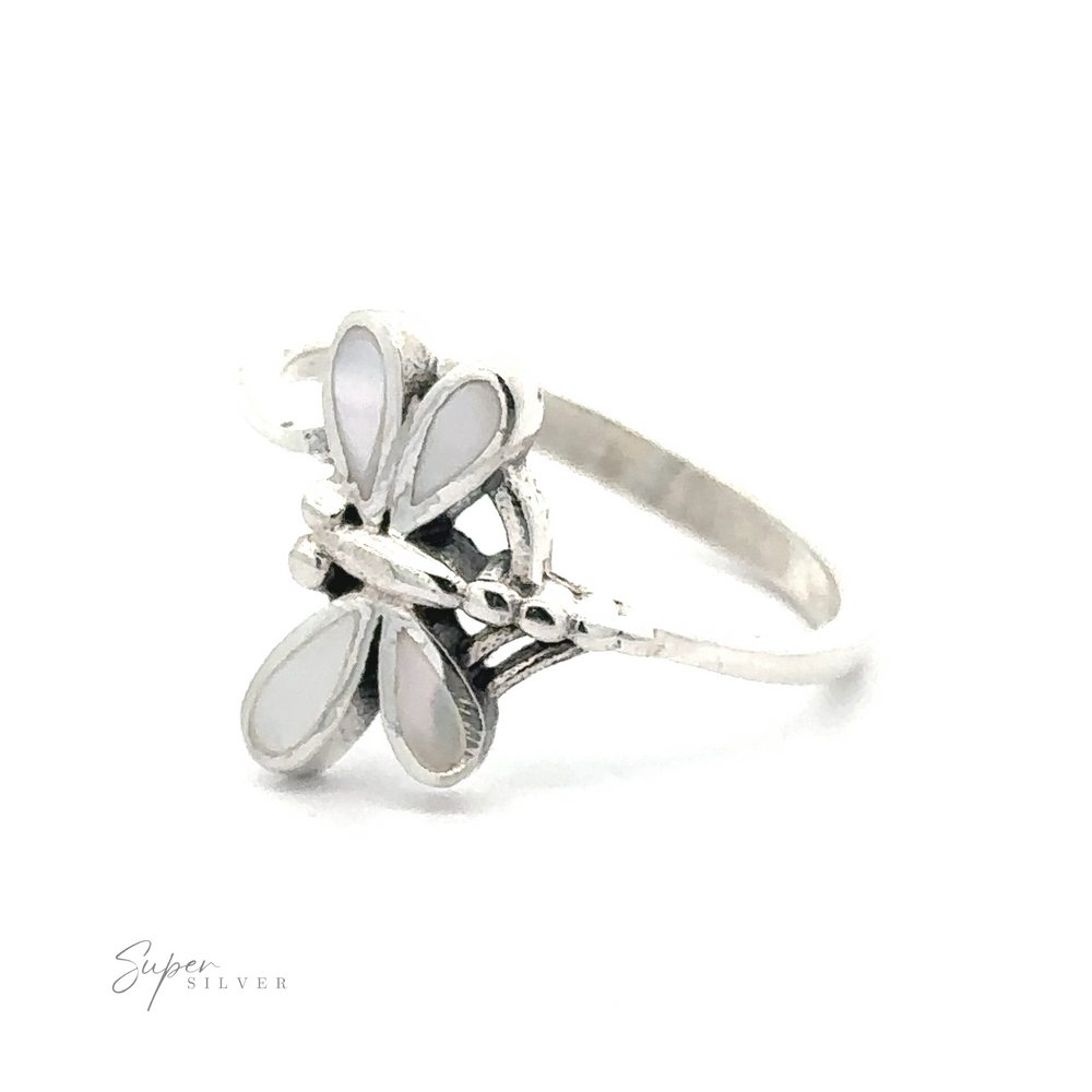 
                  
                    Inlaid Stone Dragonfly ring with a .925 Sterling Silver dragonfly design against a white background.
                  
                