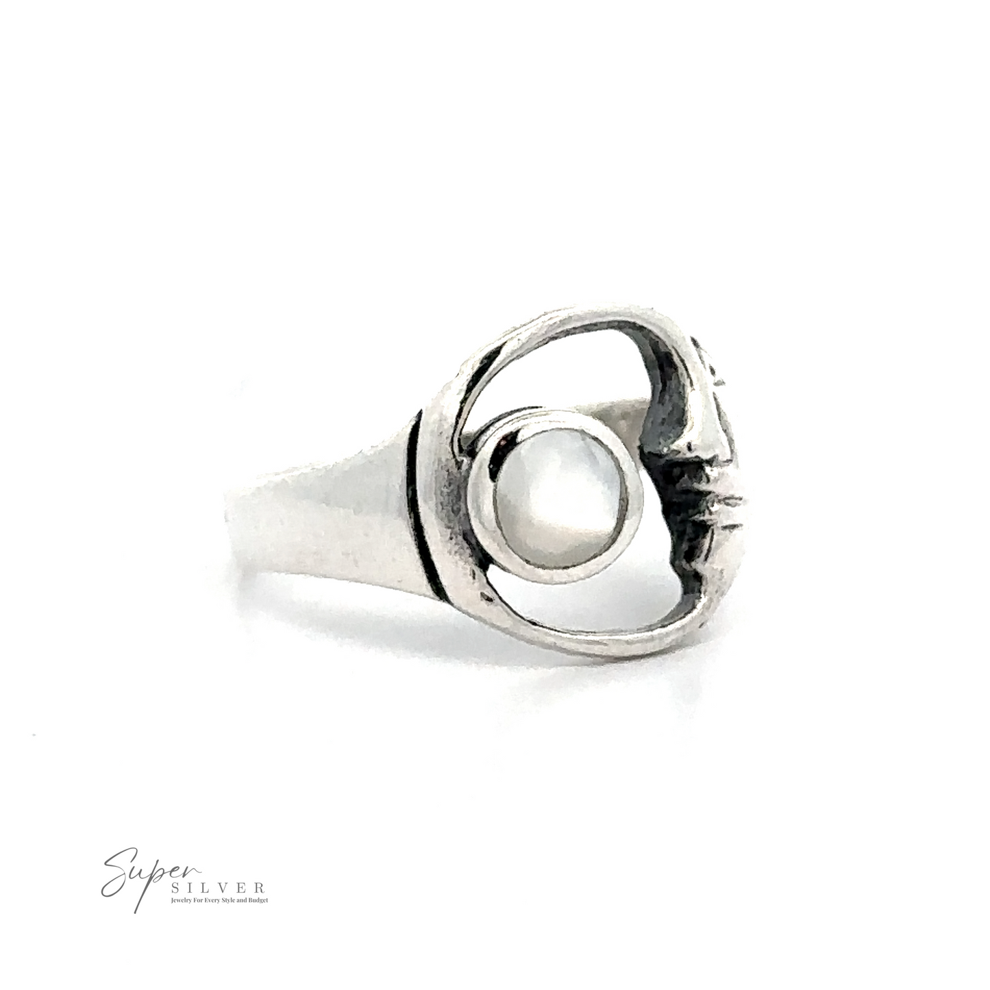 
                  
                    Silver ring featuring a curved, abstract design with a central pearl, reminiscent of a Crescent Moon Ring With Inlaid Stone. The brand "Super Silver" and their slogan are visible at the bottom left corner.
                  
                