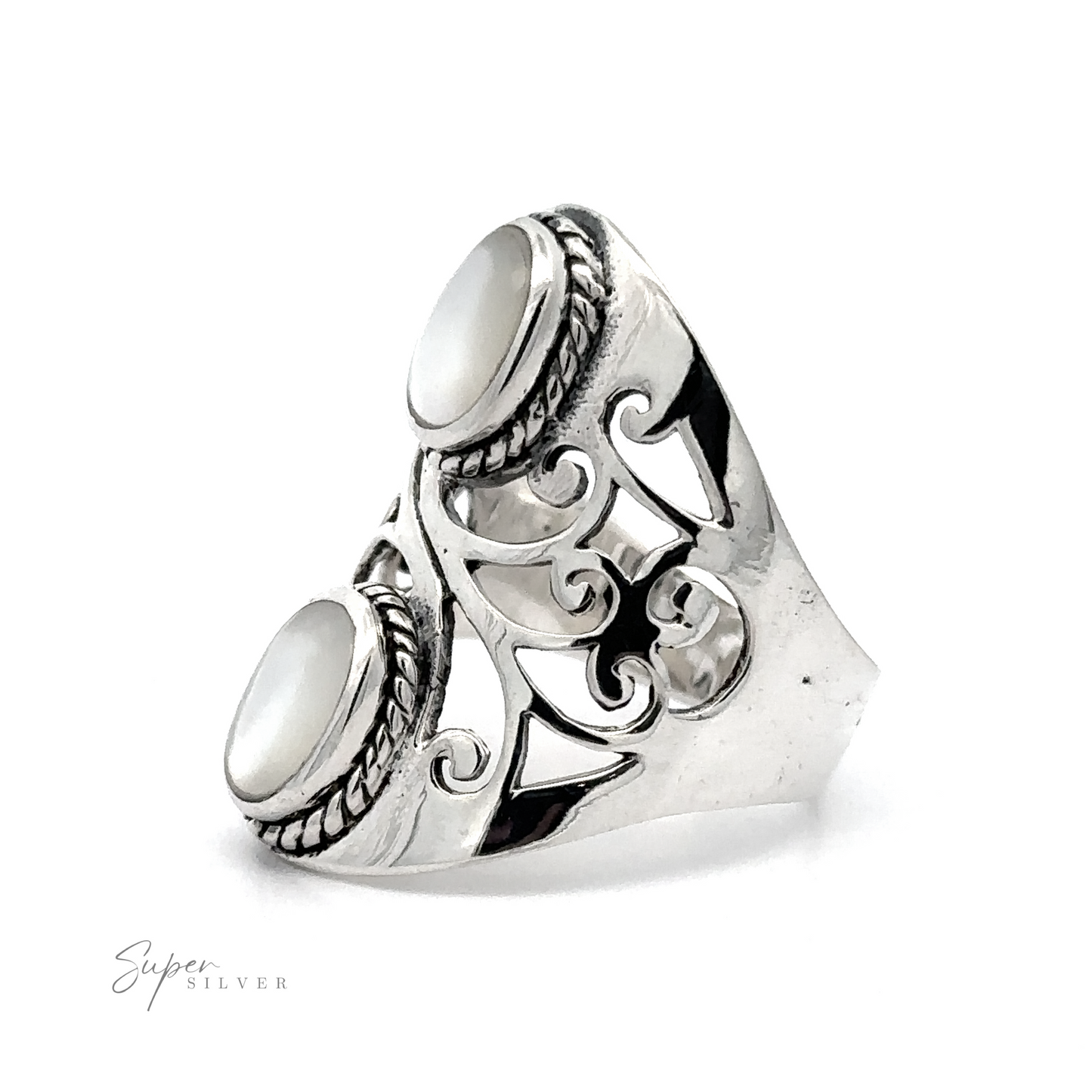 
                  
                    Introducing the Boho-Inspired Ring With Inlaid Stones, a .925 Sterling Silver filigree shield ring that boasts an ornate design complemented by two white gemstone embellishments. The ring is elegantly finished with a "Super Silver" logo in the bottom left corner.
                  
                