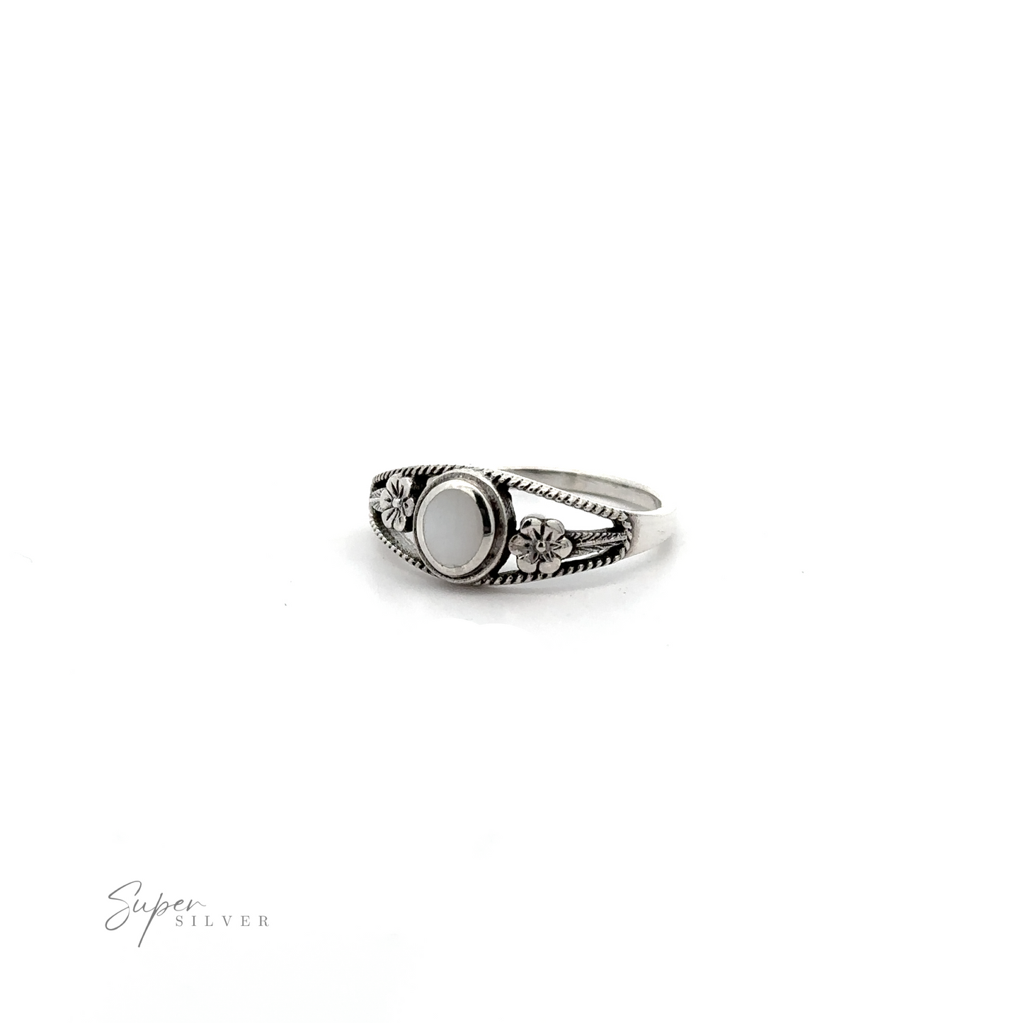 
                  
                    An Inlay Stone Ring with Flower and Rope Design, set against a white background.
                  
                