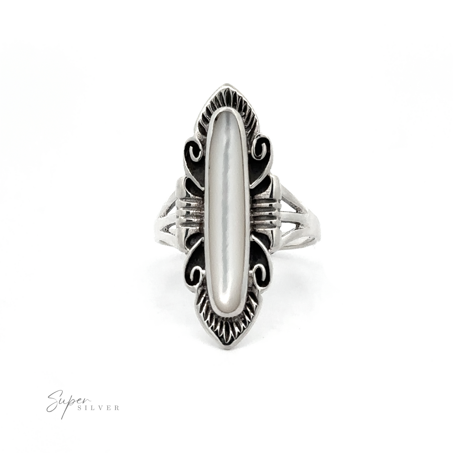 
                  
                    An elegant Southwest inspired ring with an inlaid white stone made of Sterling Silver.
                  
                