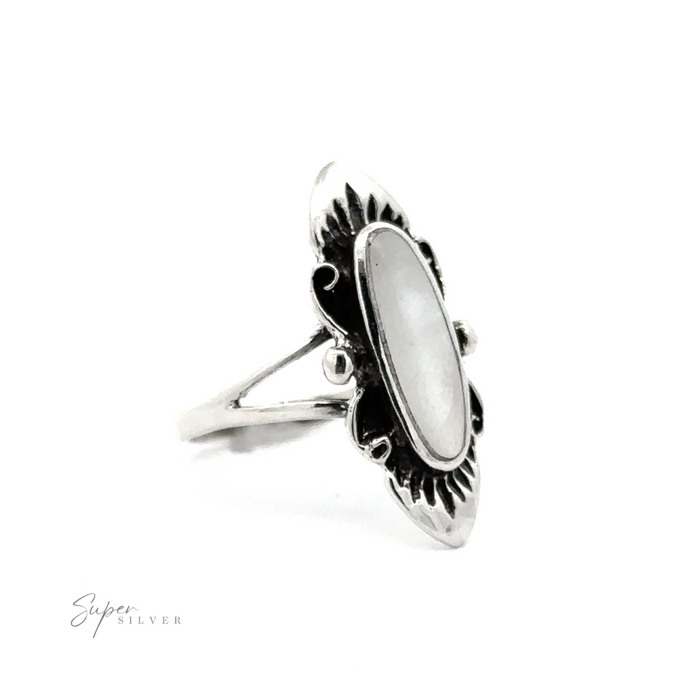 
                  
                    A fashionable Southwest Inspired Elongated Oval ring with an antique look on a white background.
                  
                