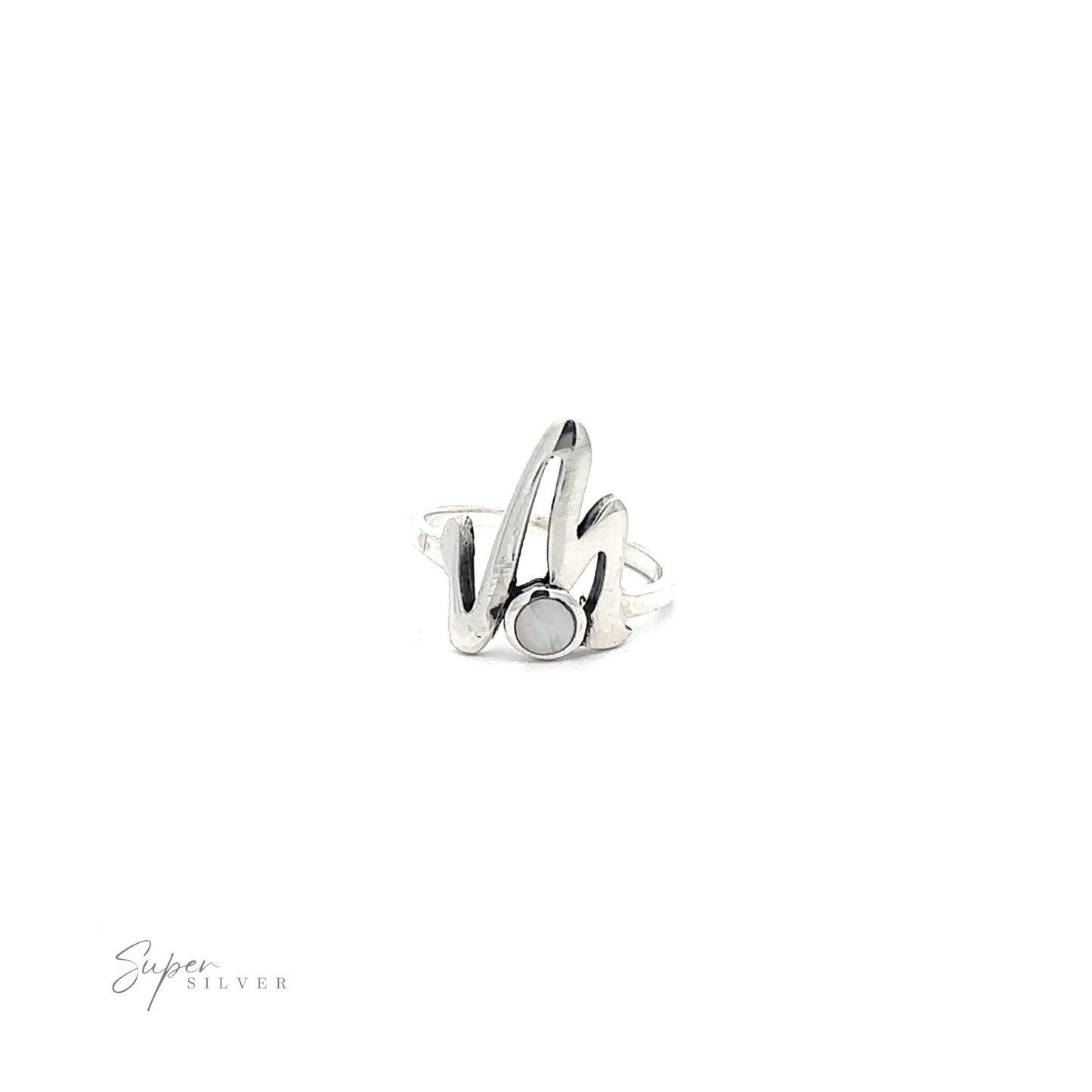 
                  
                    Stone Inlay Zig Zag ring shaped like a stylized rabbit with round mother of pearl inset stone, displayed on a white background with "super silver" signature.
                  
                