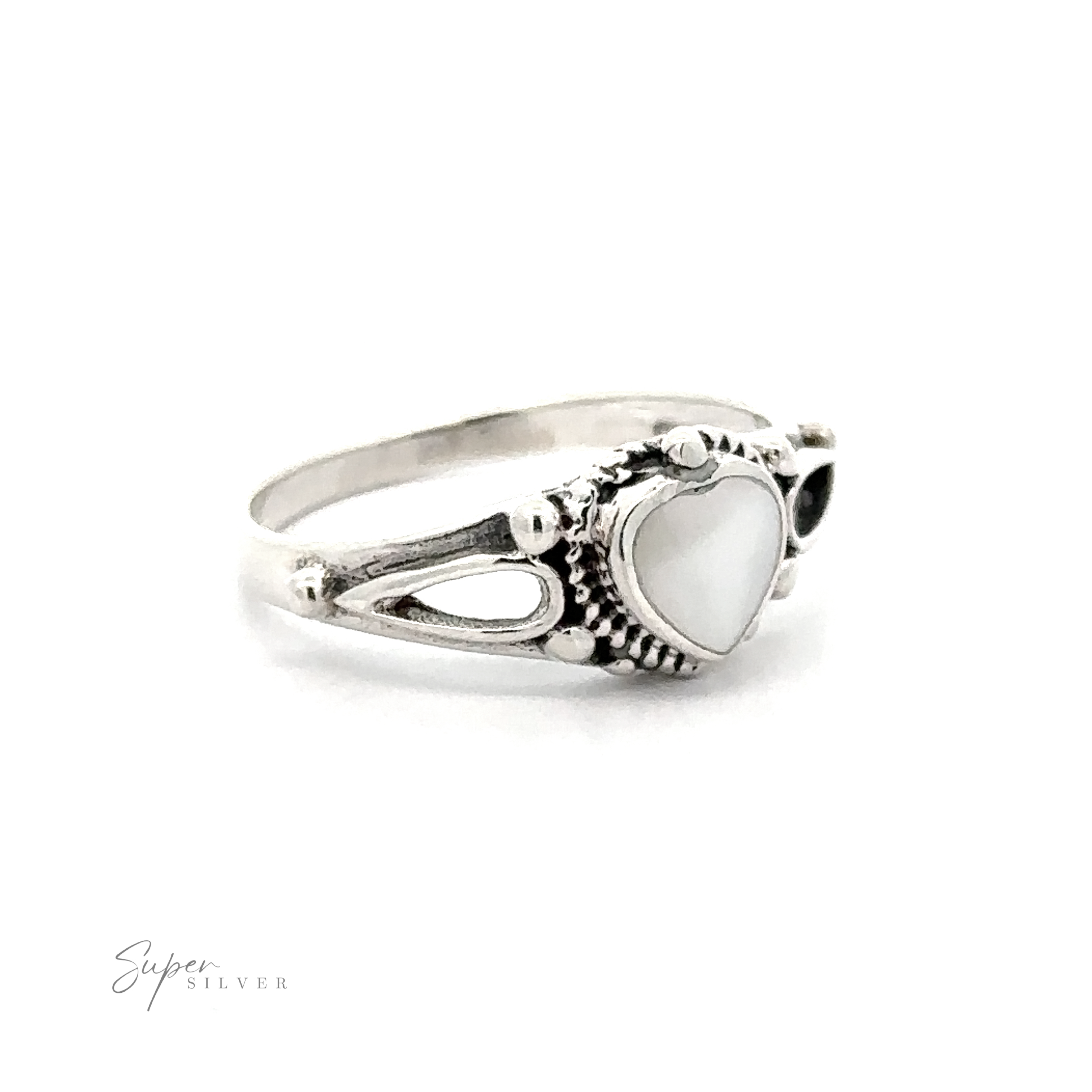 A silver Inlaid Stone Heart Ring against a white background.