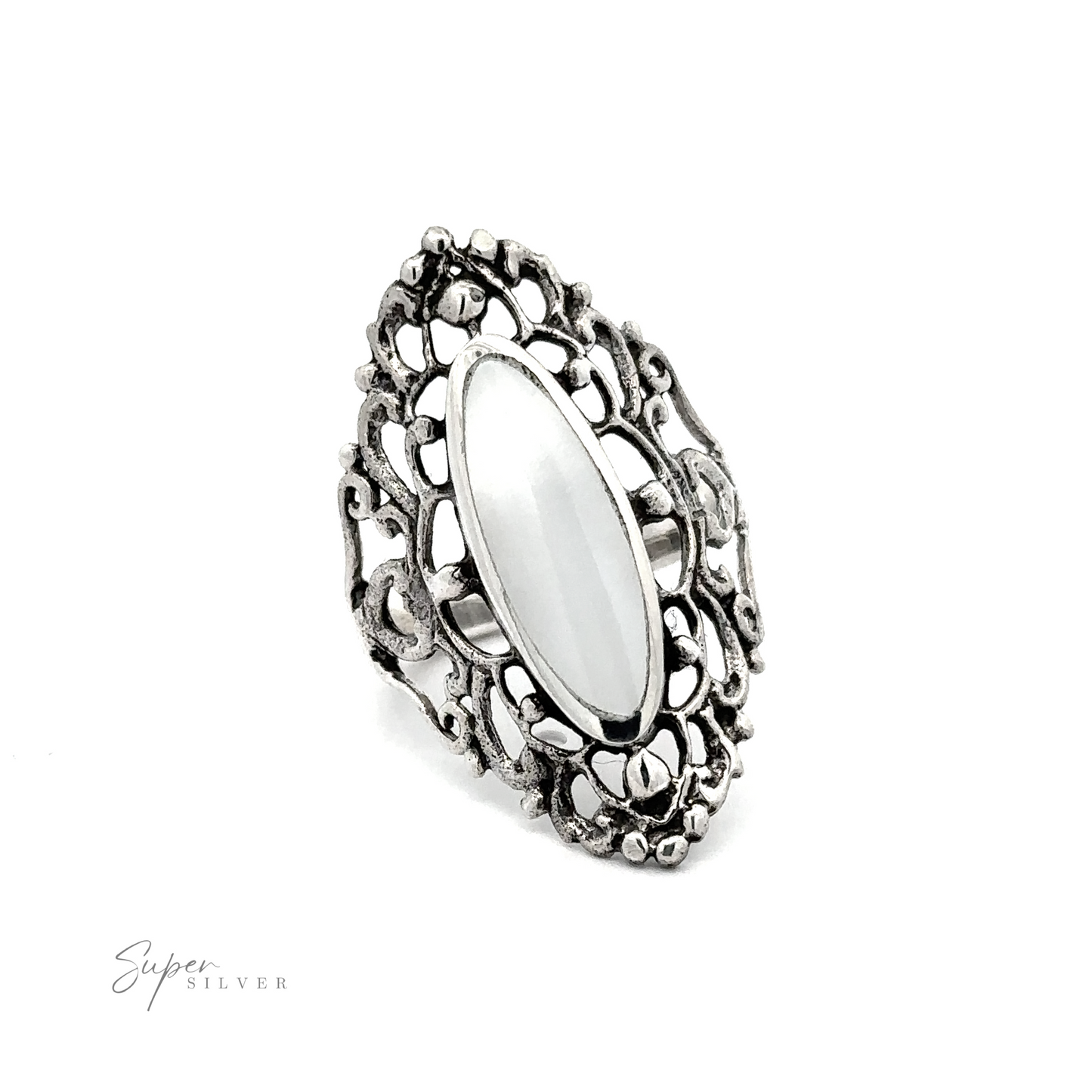 
                  
                    A Filigree Shield Ring with Inlaid Stones with a white stone.
                  
                