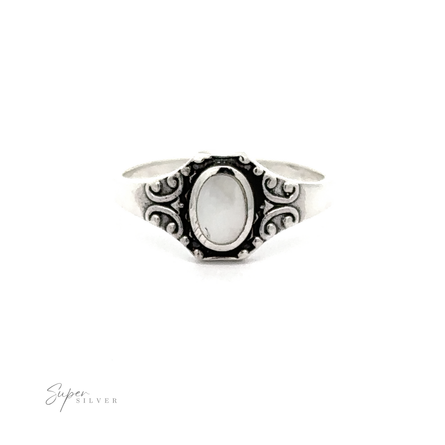 
                  
                    An Oval Inlay Stone Ring with Antiqued Filigree Design with a mother of pearl stone in a .925 sterling silver setting.
                  
                