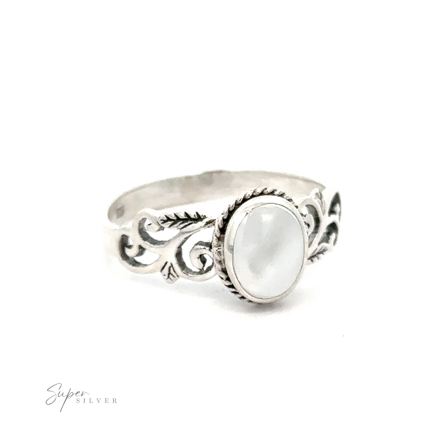 
                  
                    A silver Oval Inlaid Ring with Swirls and Leaf Detailing.
                  
                