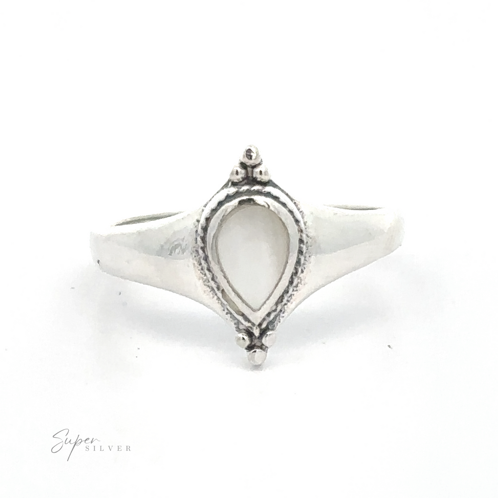 
                  
                    A sterling silver ring with a Teardrop Inlay Shield Ring setting on a white background.
                  
                