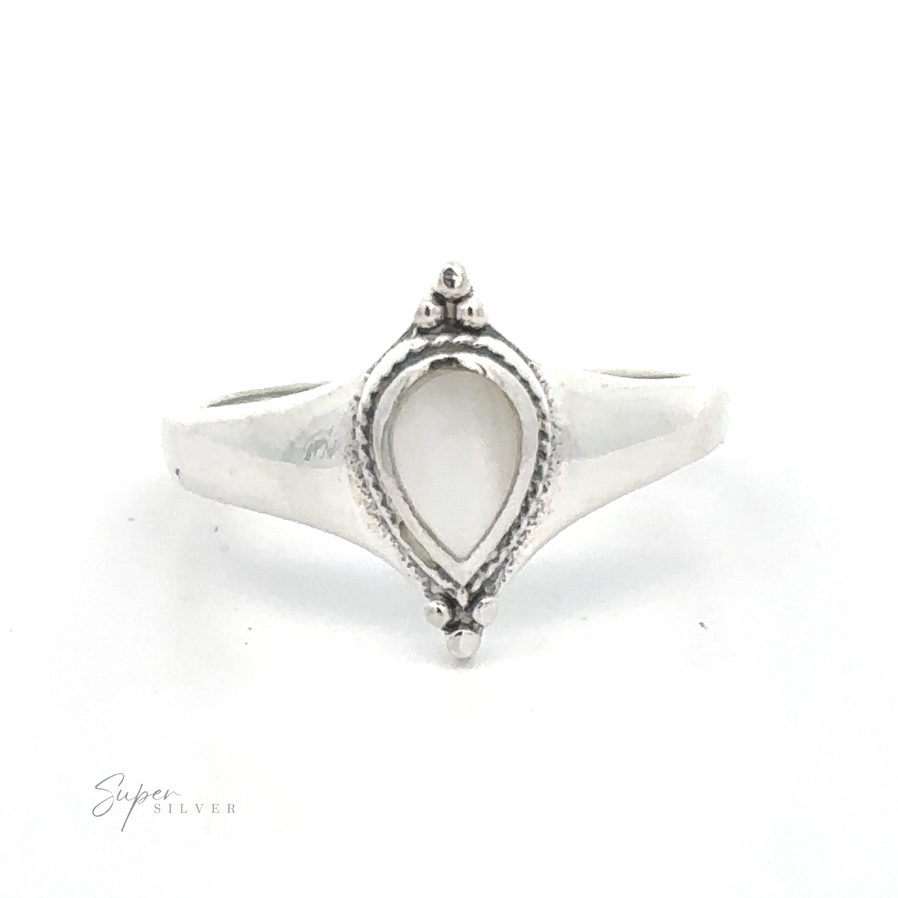 A sterling silver ring with a Teardrop Inlay Shield Ring setting on a white background.