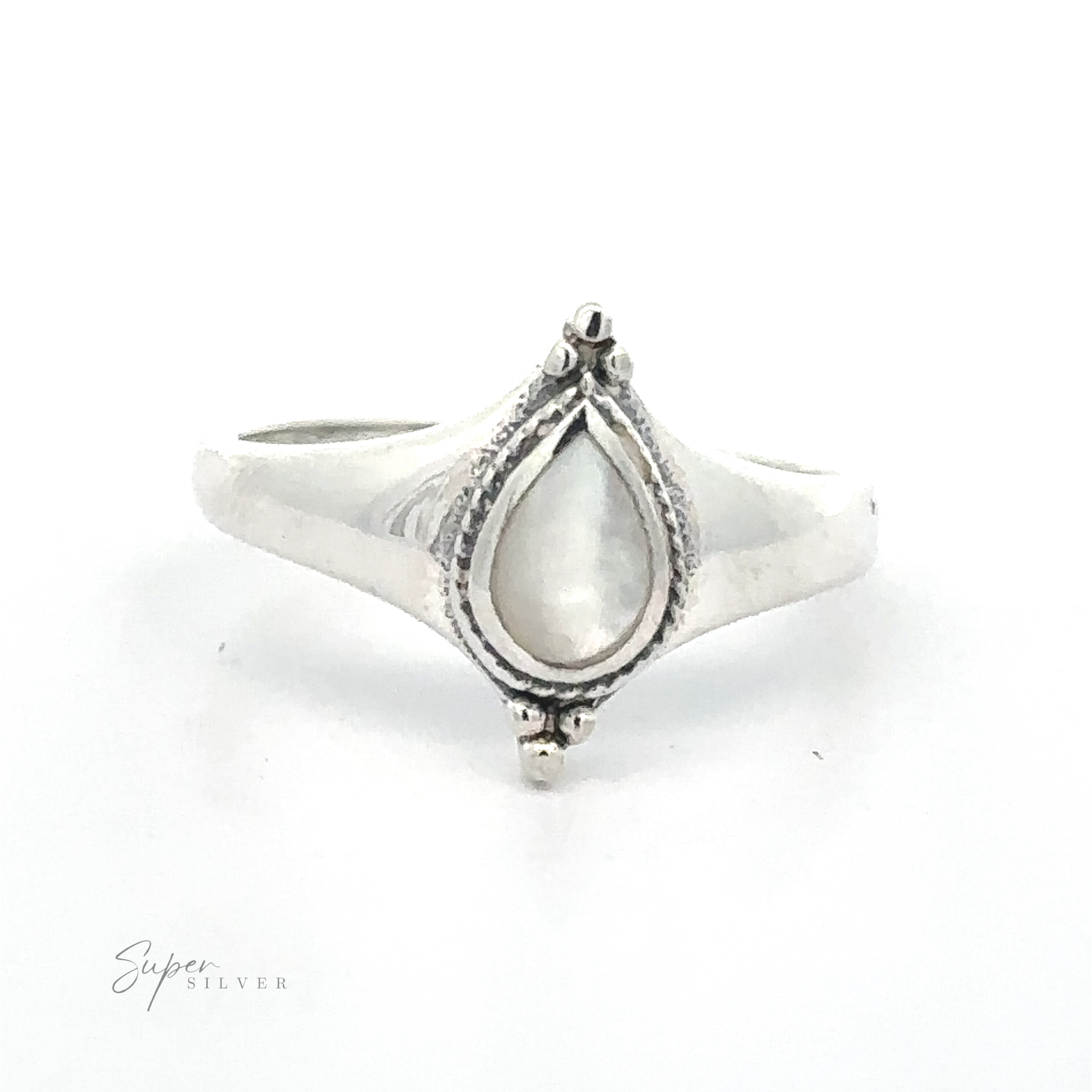 Teardrop Inlay Shield Ring with a pear-shaped gemstone set in an ornate bezel.