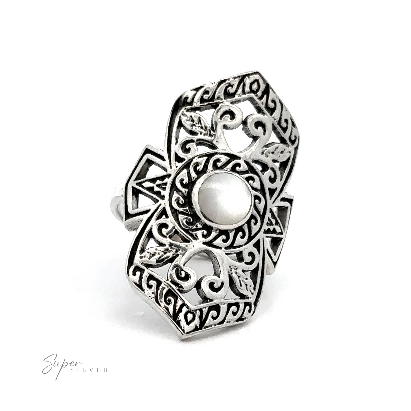 
                  
                    An elaborate filigree shield ring with stone center and intricate scrollwork.
                  
                