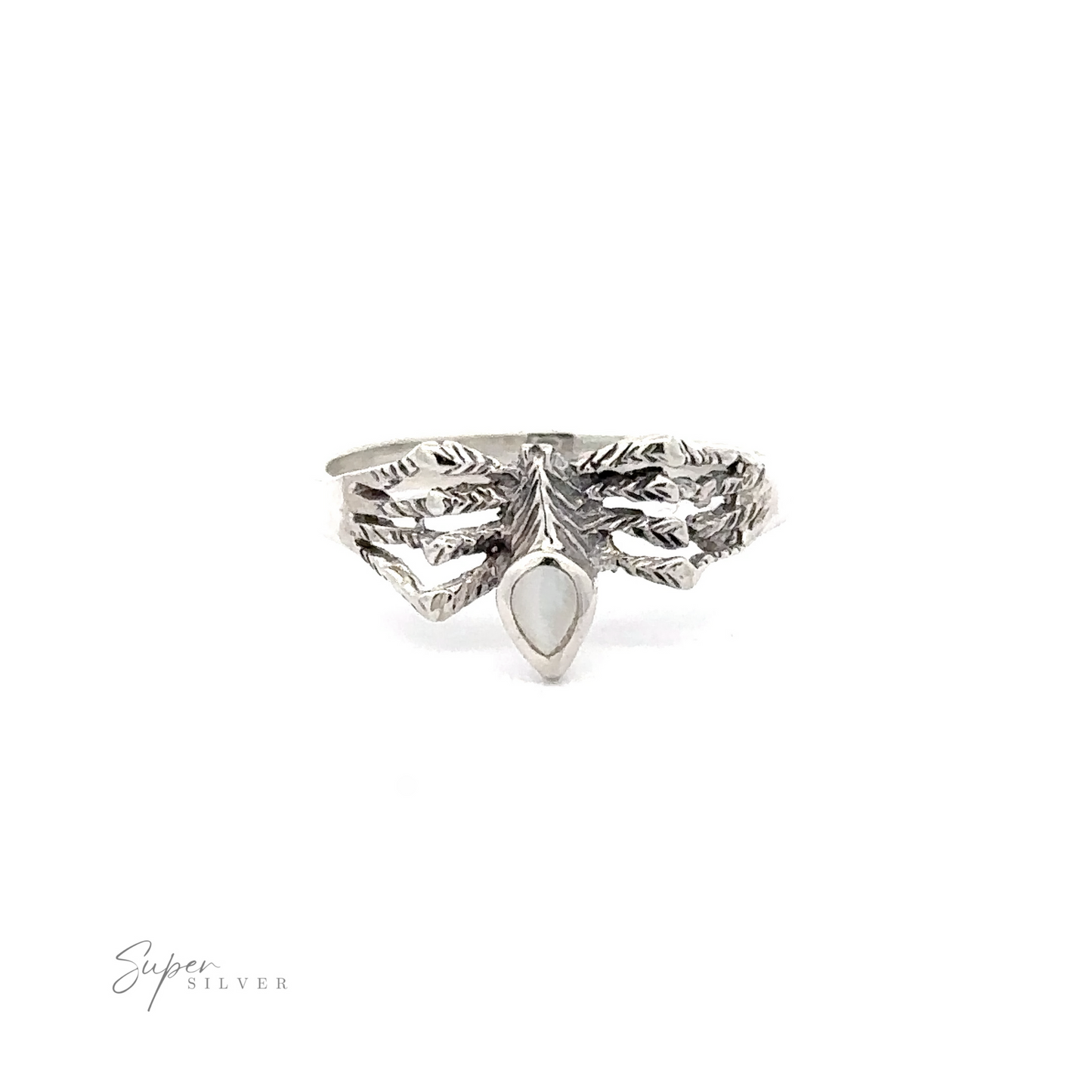 
                  
                    A Small Inlay Spider Ring with a leafy design features a single, teardrop-shaped white gemstone in the center. The brand name "Super Silver" appears in the bottom left corner. This piece of mystical jewelry is perfect for those seeking elegance and enchantment.
                  
                