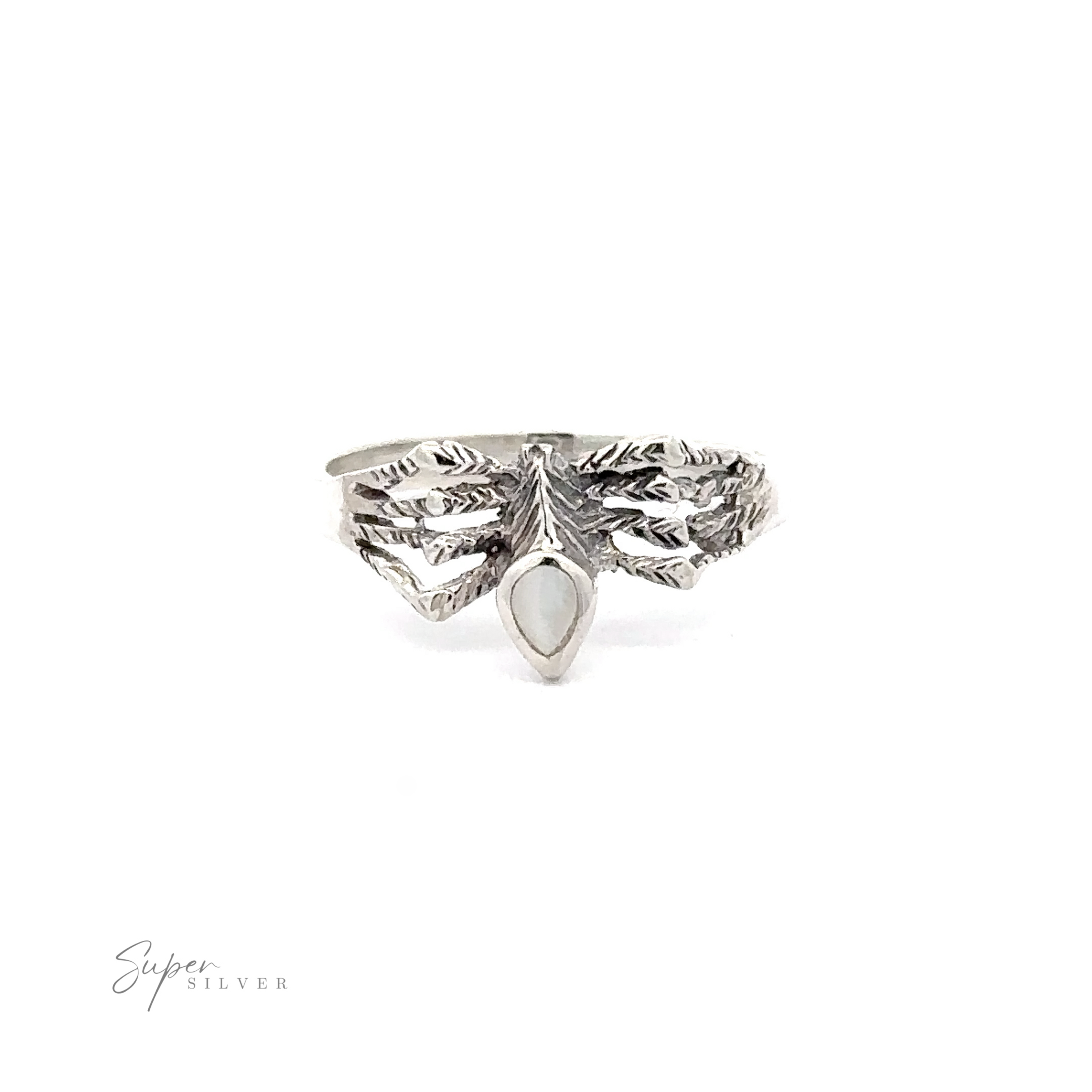 A Small Inlay Spider Ring with a leafy design features a single, teardrop-shaped white gemstone in the center. The brand name "Super Silver" appears in the bottom left corner. This piece of mystical jewelry is perfect for those seeking elegance and enchantment.