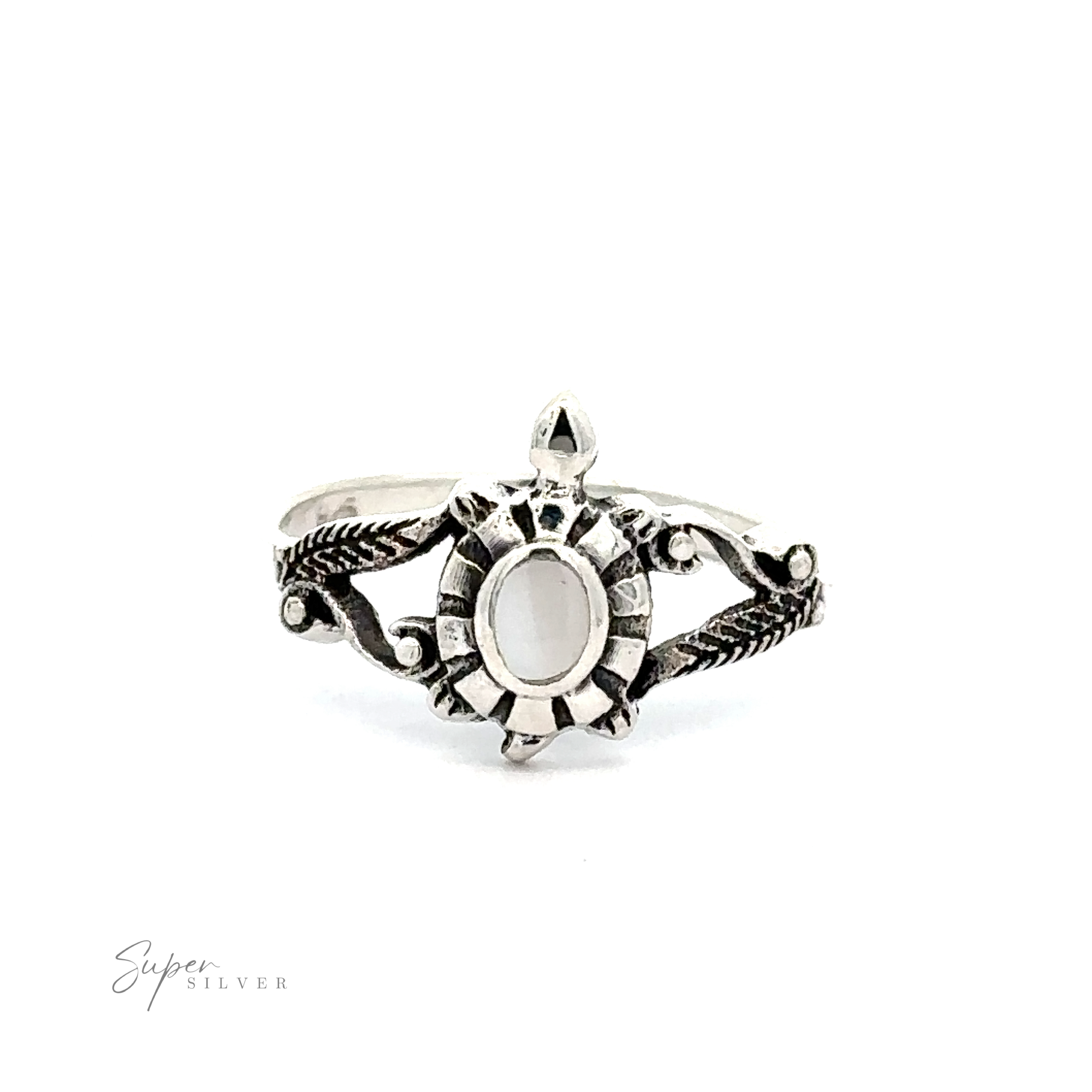 A .925 Silver ring with an ornate design featuring an Inlay Stone Turtle Ring with Leaf Detailing.