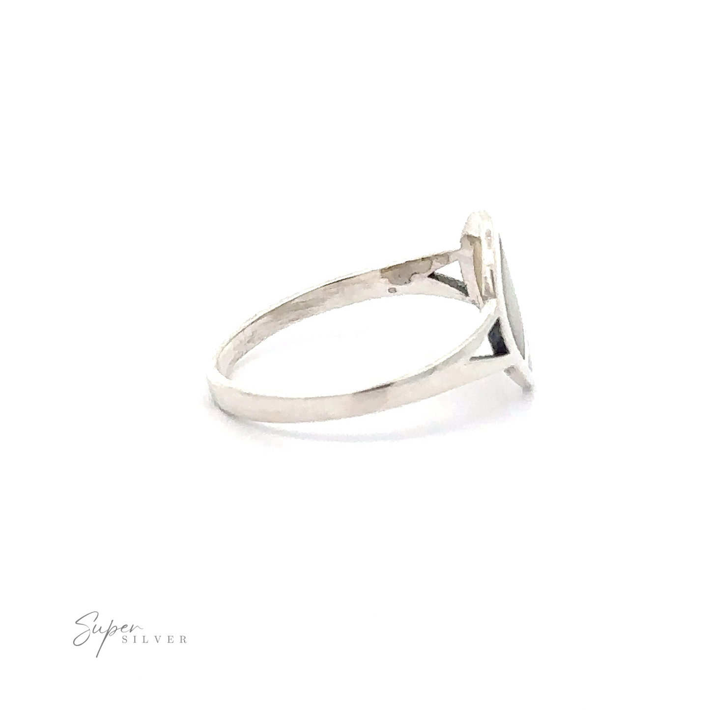 
                  
                    A Stone Inlay Peace Sign Ring with a simple band and an empty setting, viewed from the side against a white background. The words "Super Silver" are visible in the bottom left corner.
                  
                