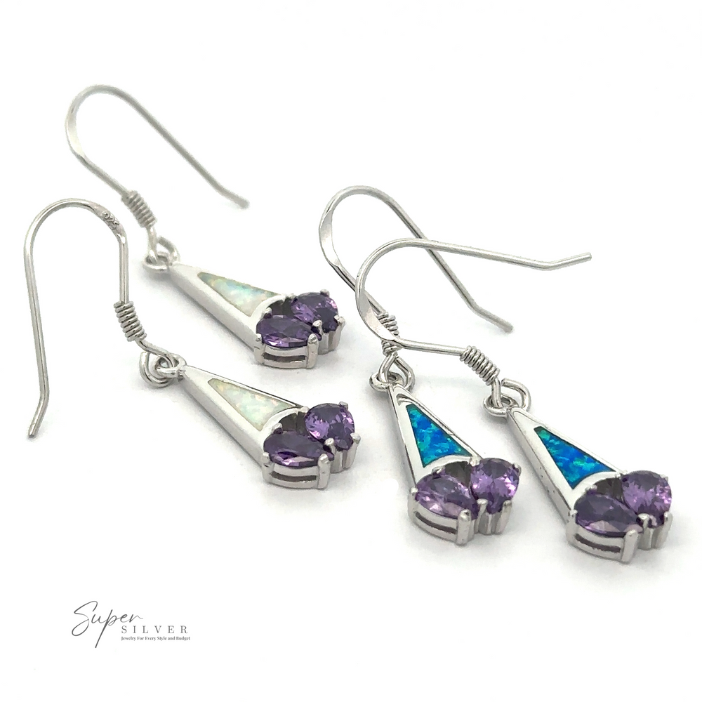 A pair of Created Opal Earrings with Purple Cubic Zirconia arranged in a triangle design, displayed on a white background. The text "Super Silver" appears in the bottom left corner.
