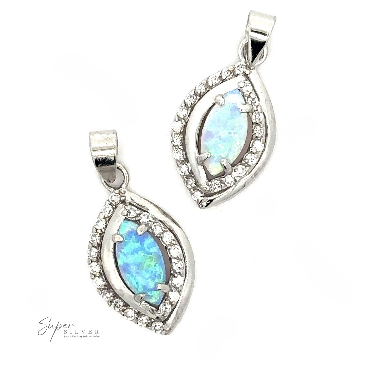 A pair of Opal Pendants with Cubic Zirconia. Decorative text reads "Super Silver.