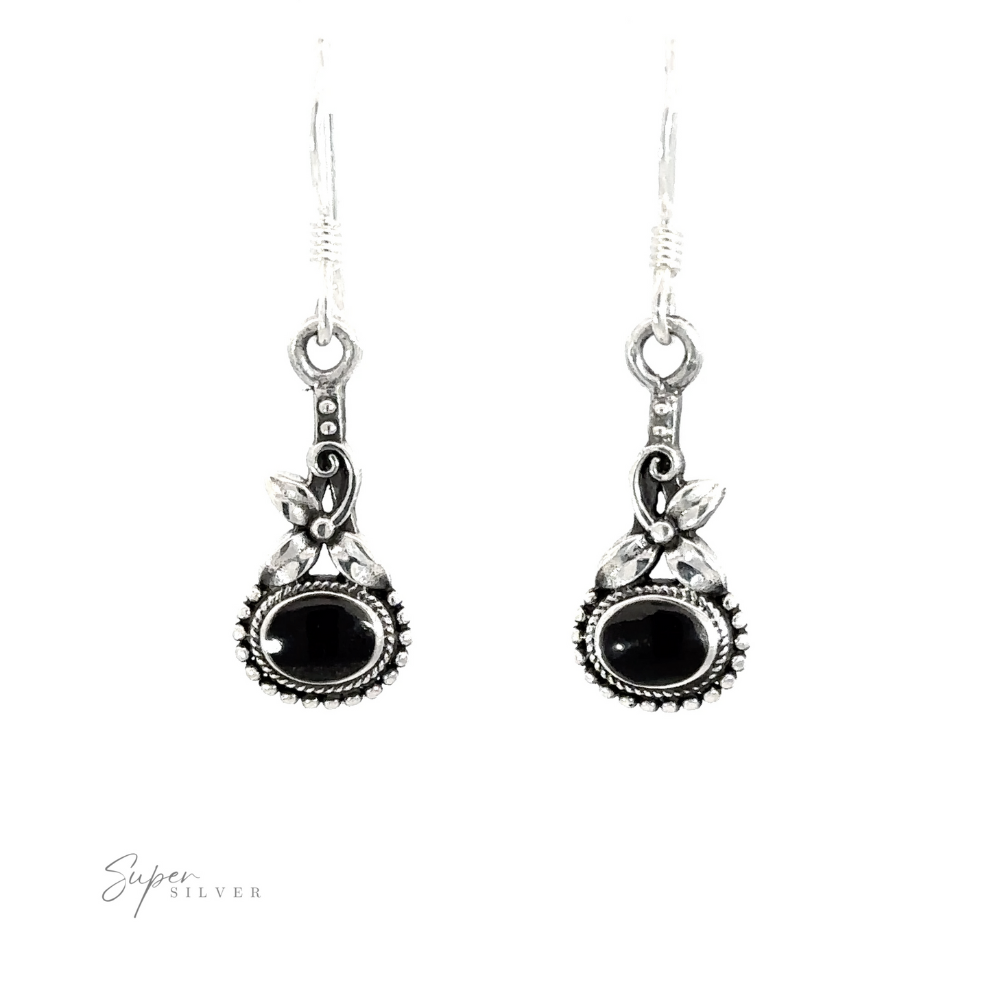 
                  
                    A pair of Inlaid Flower Earrings with Oval Stone with vintage charm and black stones.
                  
                