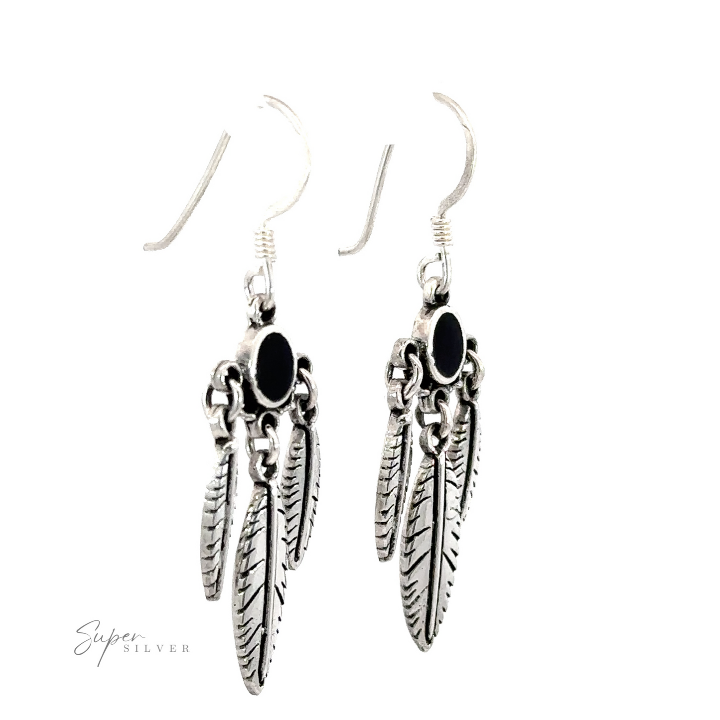 
                  
                    A pair of Western Inspired Earrings with Feather Dangles and Inlay Stones with organic black accents.
                  
                