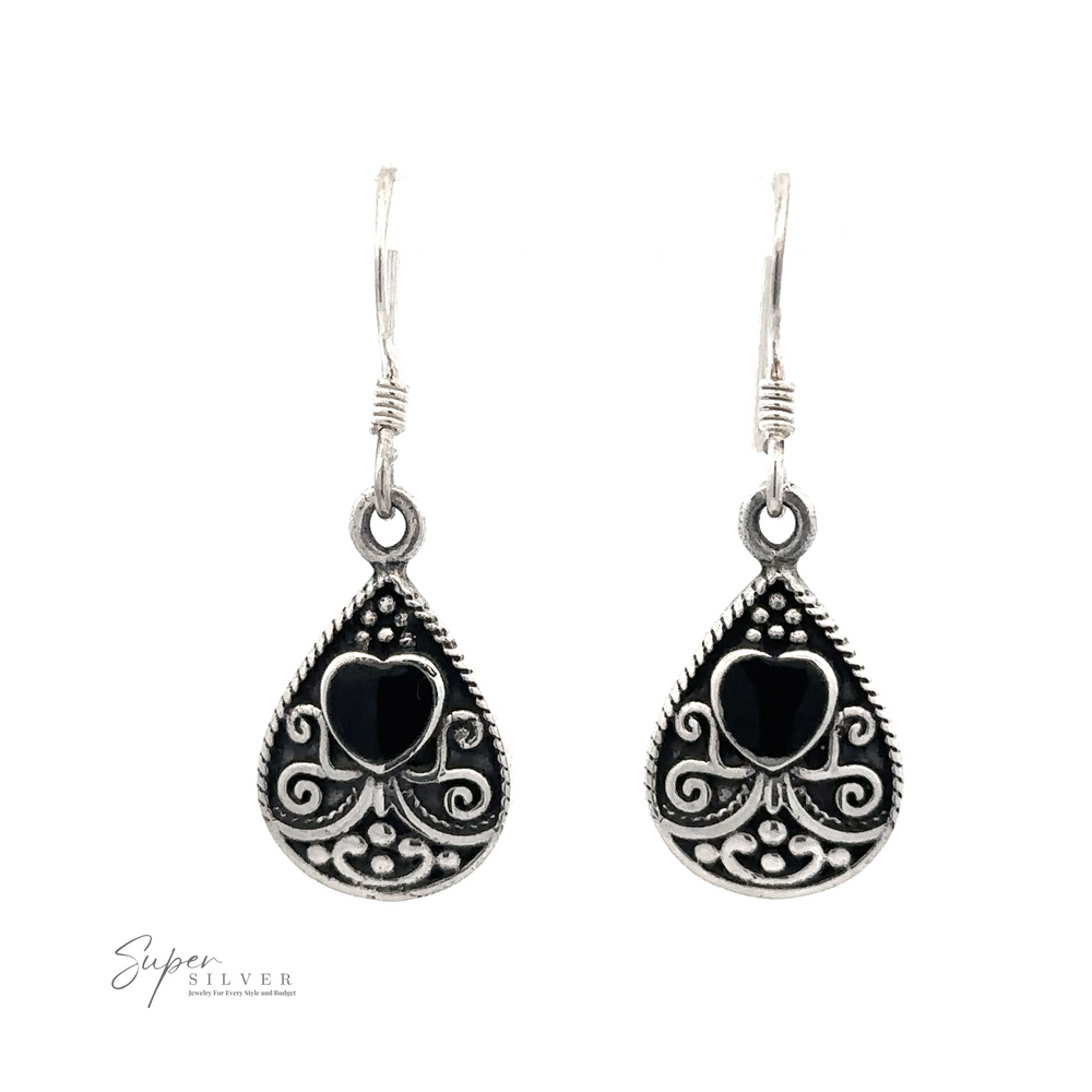 
                  
                    A pair of Bali Style Teardrop Earrings with Inlaid Stone. The brand name "Super Silver" is visible in the lower left corner.
                  
                