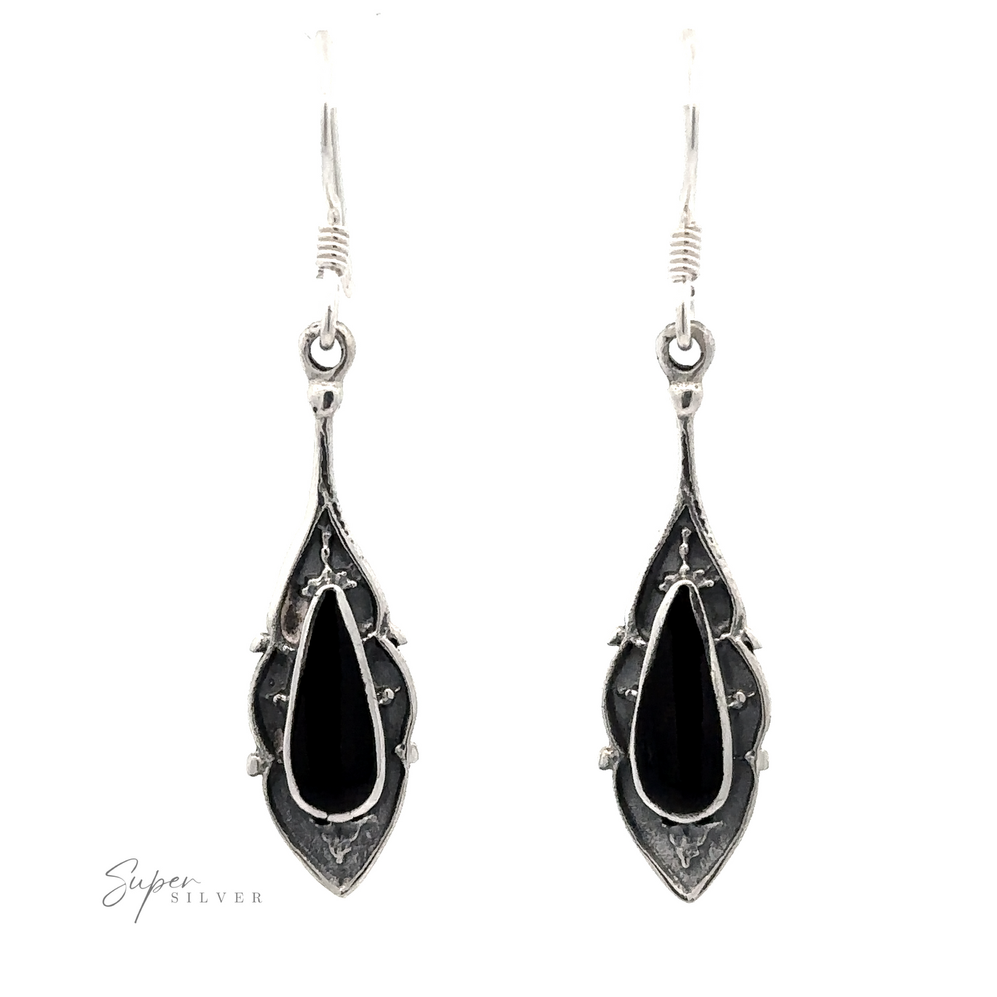 
                  
                    A pair of Teardrop Shape Inlaid Earrings with black teardrop-shaped stones. The brand name "Super Silver" is in the bottom left corner.
                  
                