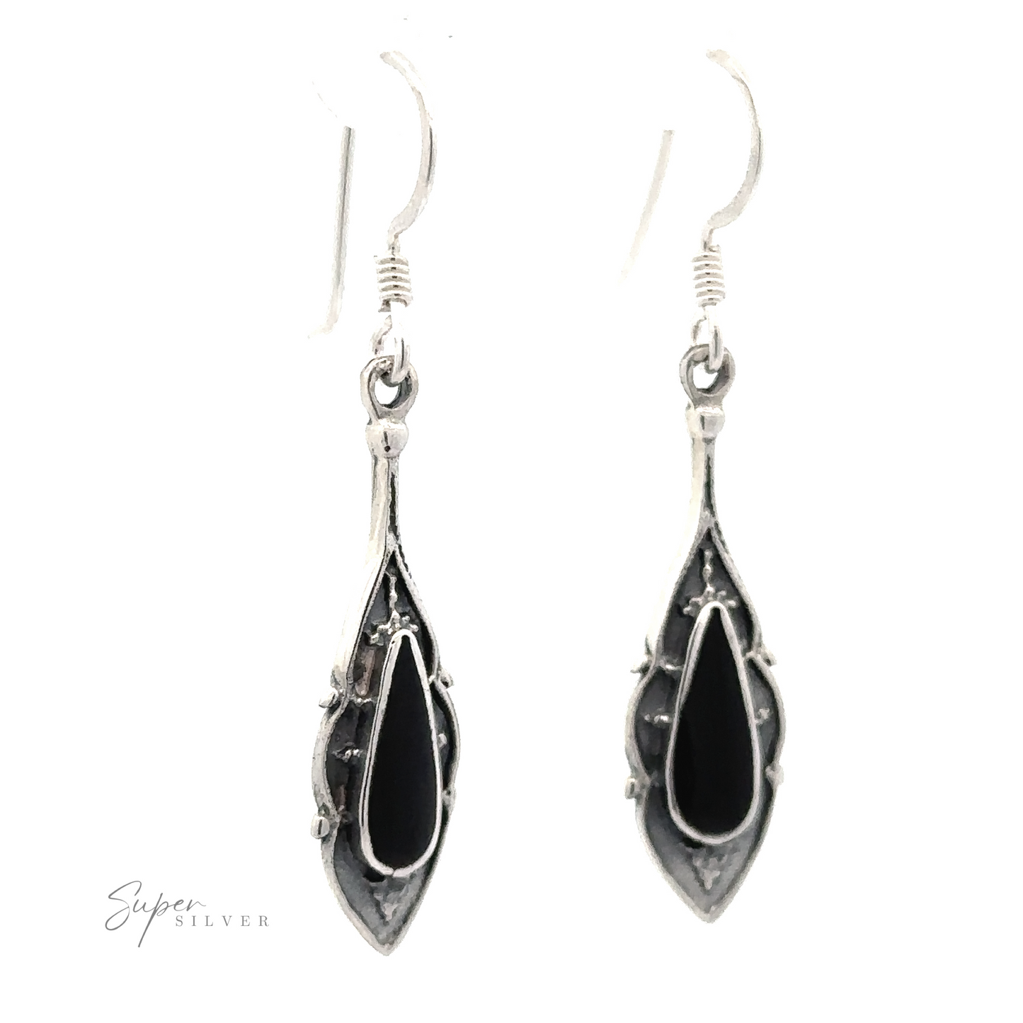 
                  
                    A pair of Teardrop Shape Inlaid Earrings with black, teardrop-shaped accents, featuring hooks for insertion. The image has a "Super Silver" logo on the bottom left.
                  
                
