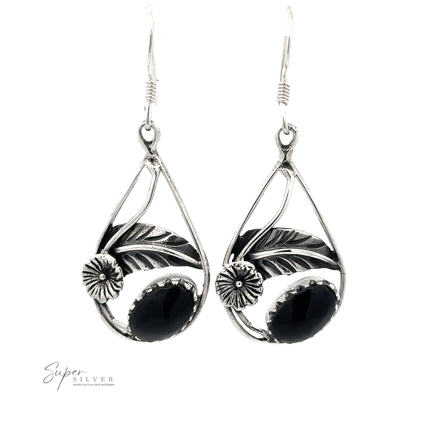 
                  
                    Silver dangle earrings featuring black oval gemstones set within a leaf and floral design, with the logo "Super Silver" in the bottom left corner. These Inlaid Teardrop Earrings With Floral Setting add a touch of elegance to any ensemble.
                  
                