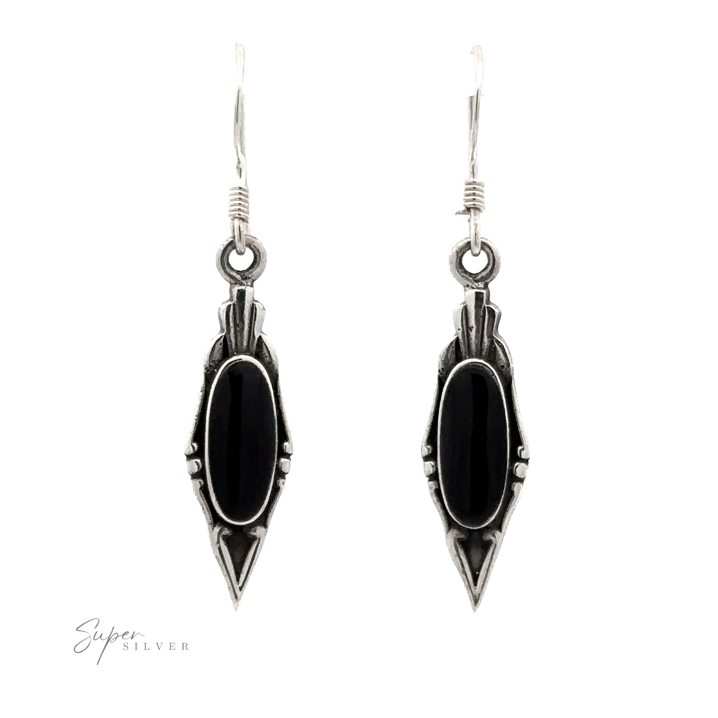
                  
                    A pair of Elegant Inlaid Earrings with Oval Stone in the center, featuring an elongated, intricate vintage design. Signature "Super Silver" visible in the lower-left corner.
                  
                