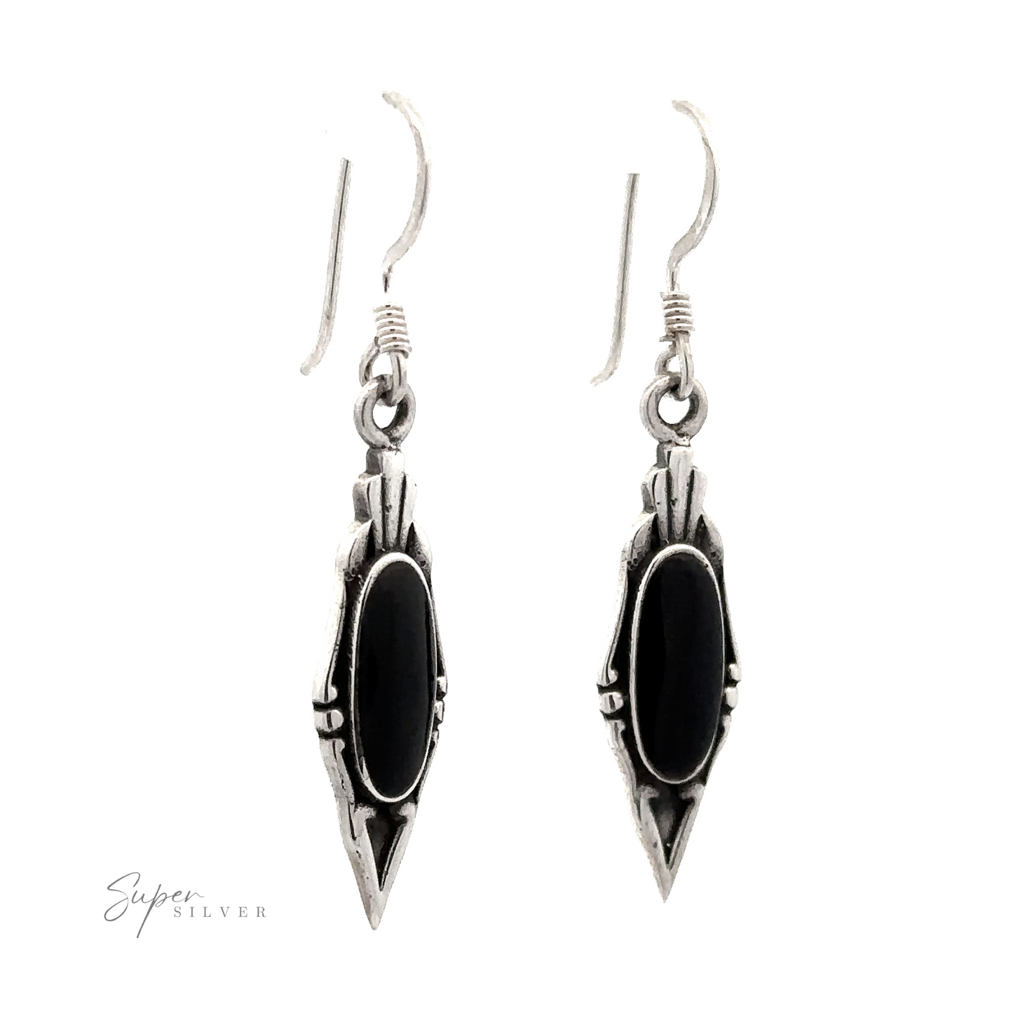 
                  
                    A pair of Elegant Inlaid Earrings with Oval Stone set in an elongated, pointed frame, with hook-style clasps offering a vintage design.
                  
                