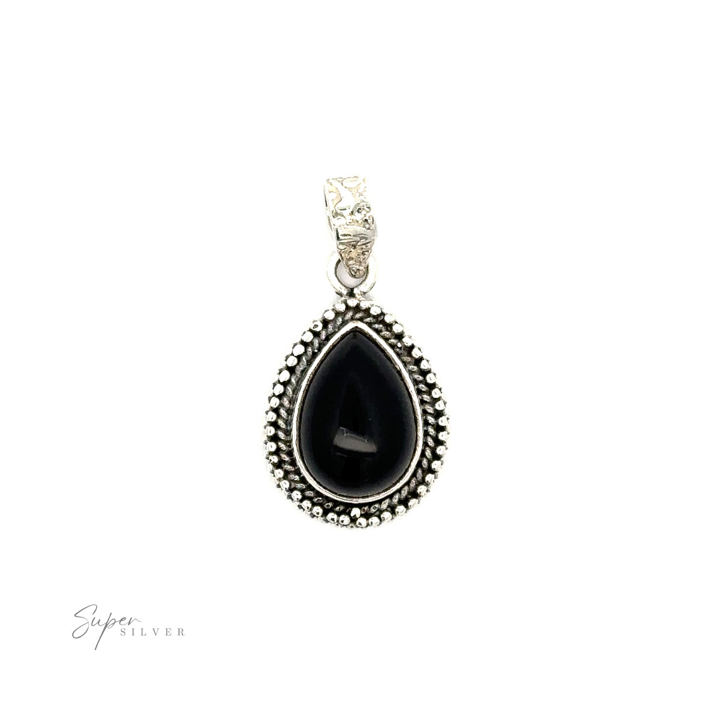 
                  
                    A teardrop stone pendant with bead design made of .925 sterling silver, featuring a Bali beaded design.
                  
                
