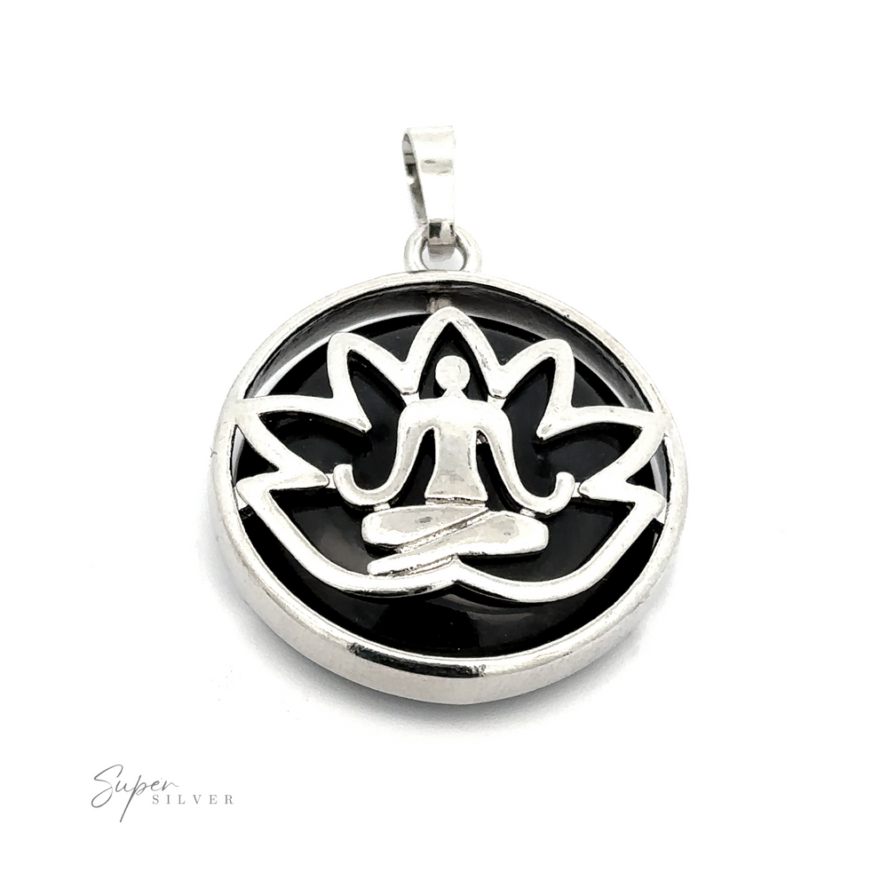 
                  
                    A Silver Plated Lotus Meditation Pendant with Gemstone featuring a figure in a meditation pose, surrounded by a lotus flower outline, with "Super Silver" text on the bottom left. The silver-plated design elegantly highlights the intricate lotus pattern.
                  
                