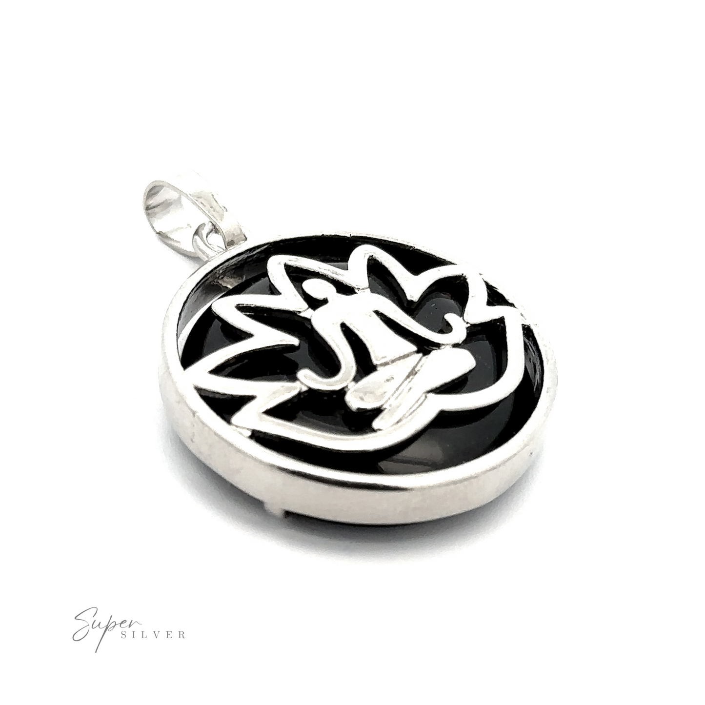 
                  
                    Silver Plated Lotus Meditation Pendant with Gemstone featuring a lotus design encircling a seated figure, accented with a round gemstone on a black background and "Super Silver" logo.
                  
                