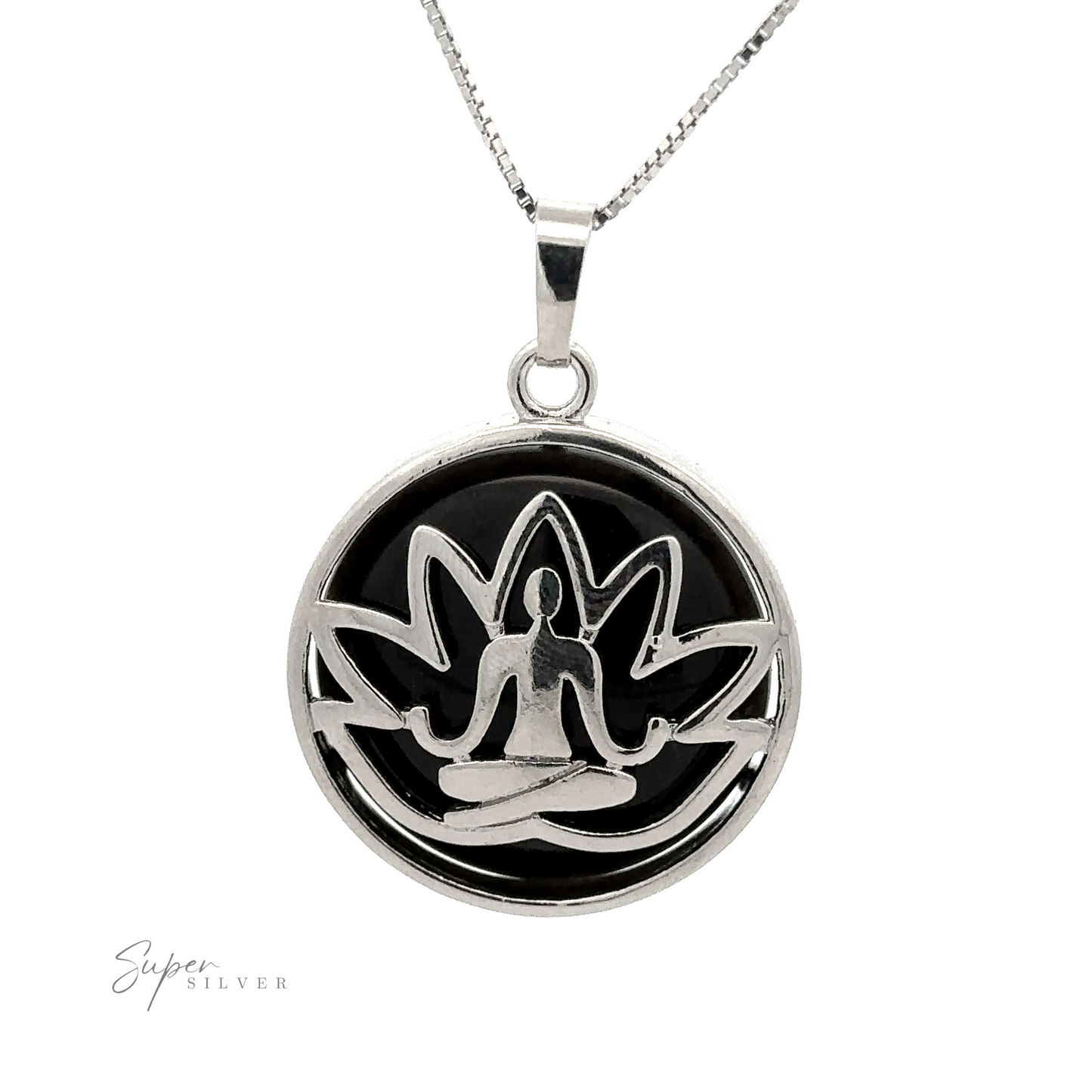 
                  
                    A Silver Plated Lotus Meditation Pendant with Gemstone featuring a lotus flower design and a person meditating in the center. The brand name "Super Silver" is visible in the bottom left corner, adding a touch of elegance.
                  
                