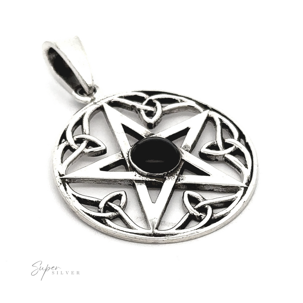 A Pentagram Pendant with Onyx Stone featuring intricate Celtic detailing and a central onyx stone. Text at bottom left reads "Super Silver.