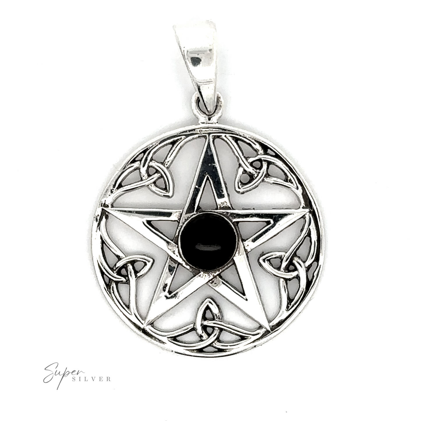 
                  
                    A Pentagram Pendant with Onyx Stone featuring intricate Celtic detailing with interwoven designs, centered around a black onyx stone, on a white background.
                  
                