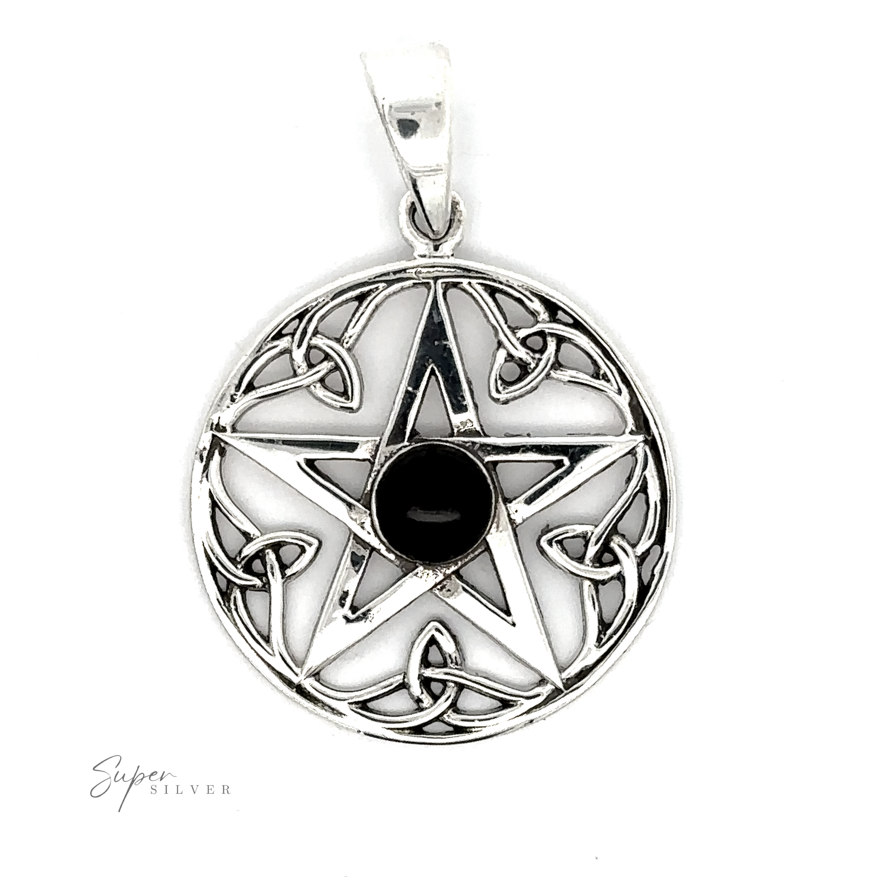 A Pentagram Pendant with Onyx Stone featuring intricate Celtic detailing with interwoven designs, centered around a black onyx stone, on a white background.