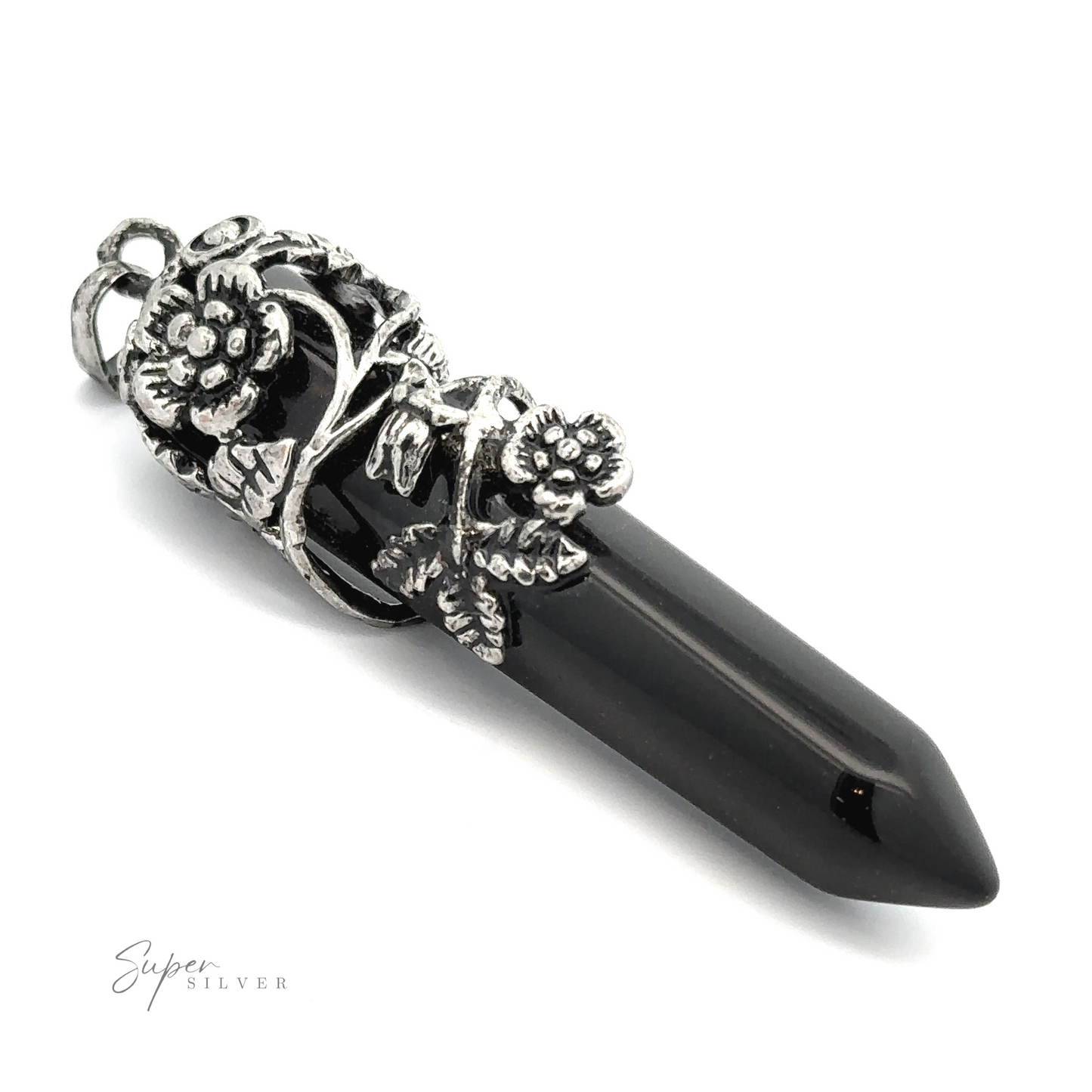 
                  
                    A black obelisk-shaped stone pendant with a pointed tip is encased in an ornate silver floral setting. The branding "Silver-Plated Flower Design Stone Pendant" is visible in the bottom left corner, showcasing exquisite craftsmanship and attention to detail.
                  
                