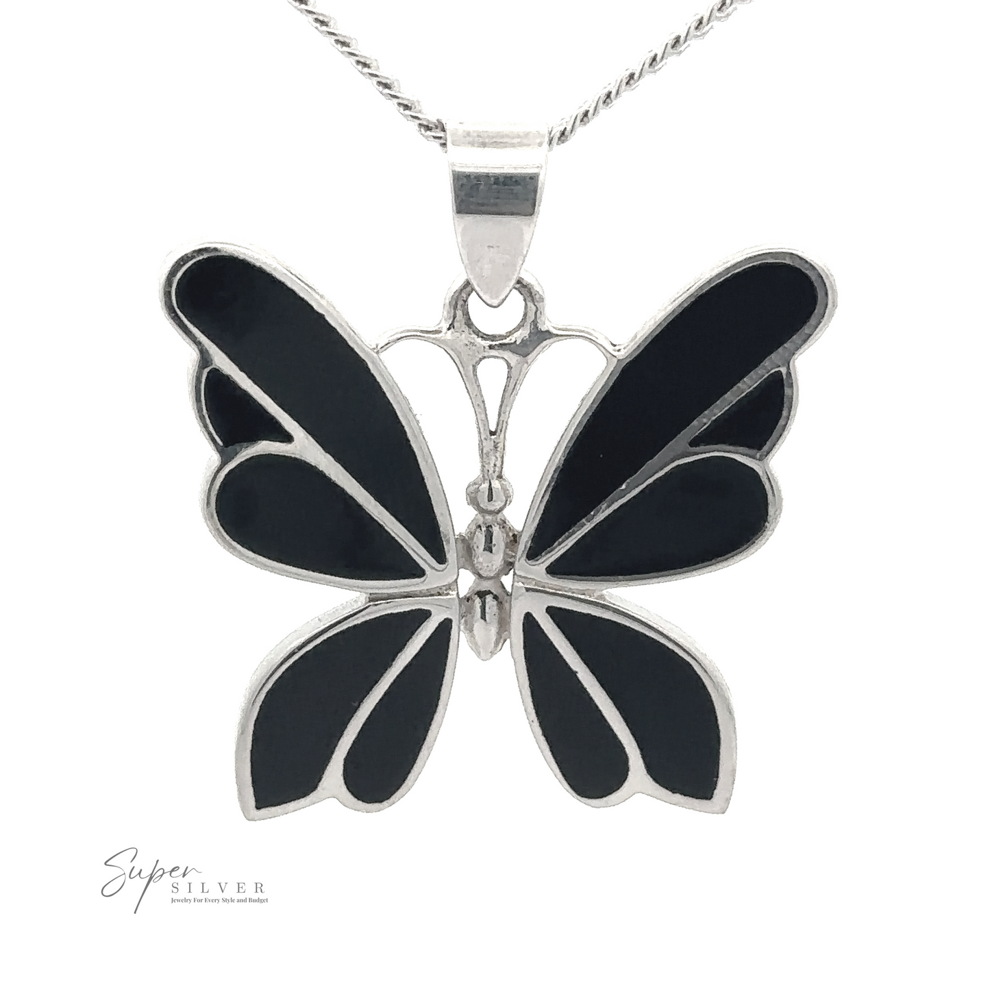 
                  
                    Image of a Medium Inlay Butterfly Pendant with black inlay details, hanging from a silver chain. The logo "Super Silver" is visible in the corner.
                  
                