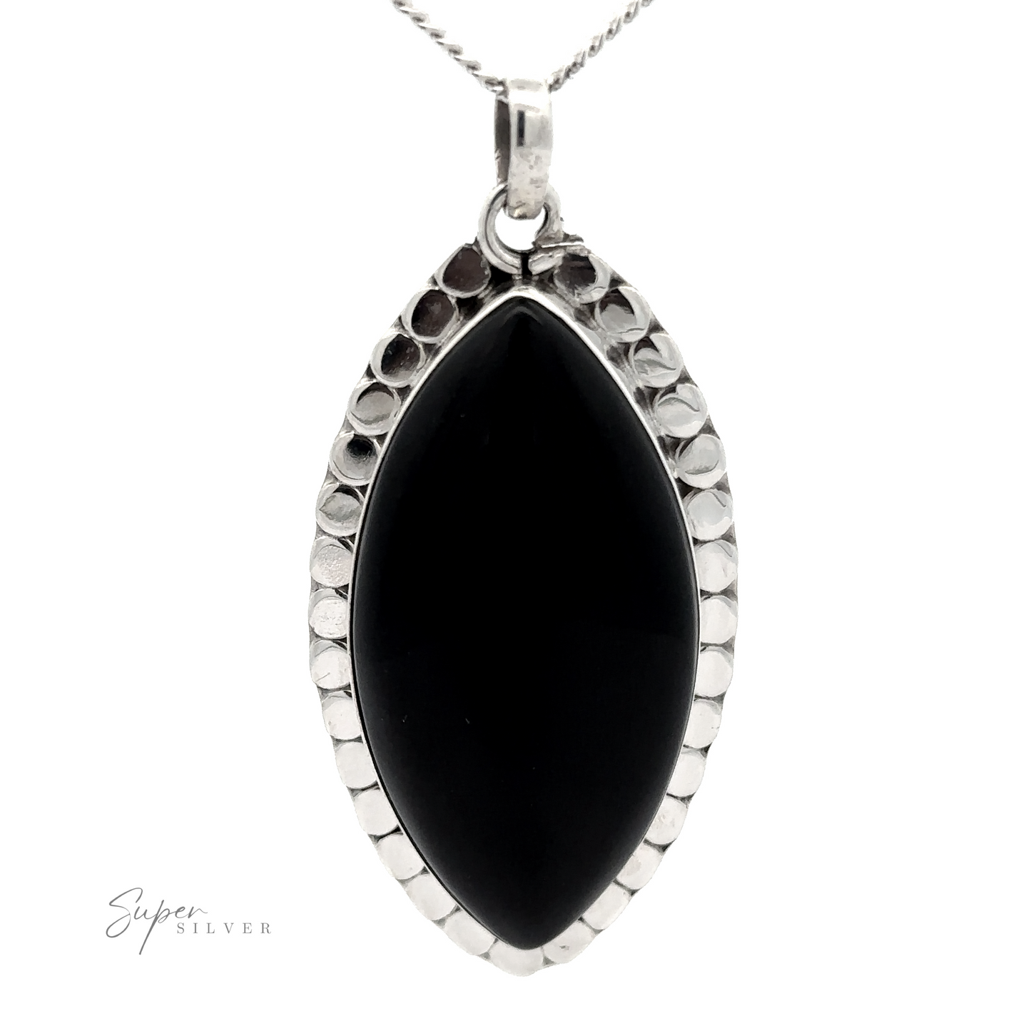 
                  
                    A Statement Onyx Pendant With a Textured Setting, attached to a silver chain. The lower-left part of the image includes the text "Super Silver." This bold statement piece offers both elegance and powerful protection.
                  
                