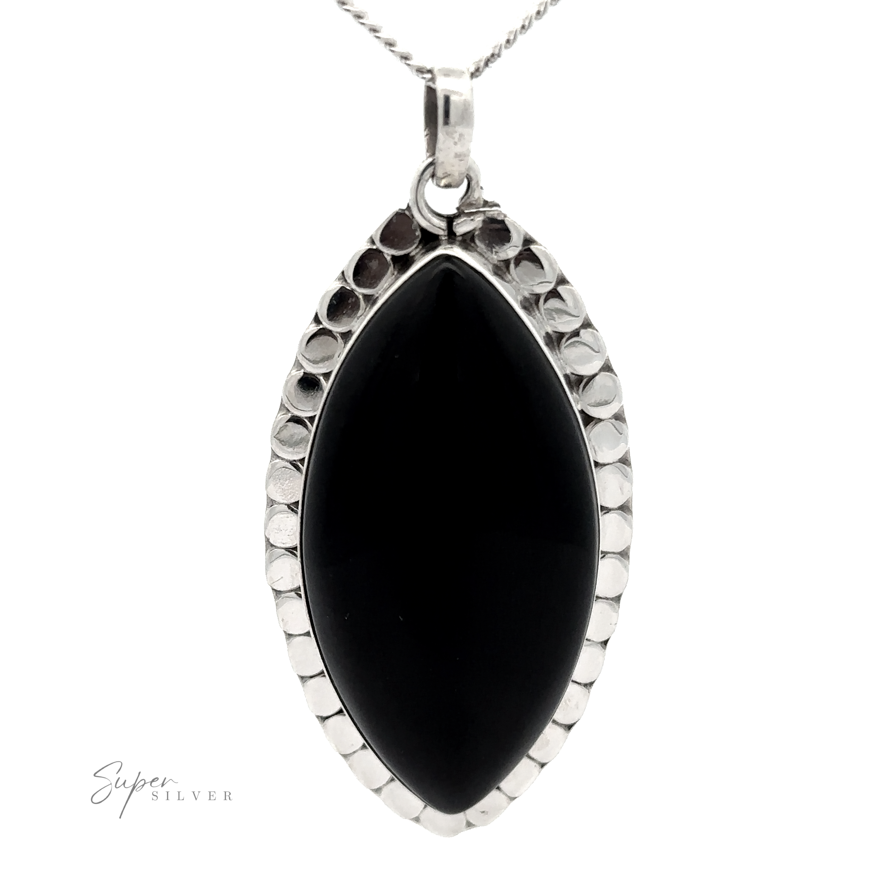 A Statement Onyx Pendant With a Textured Setting, attached to a silver chain. The lower-left part of the image includes the text "Super Silver." This bold statement piece offers both elegance and powerful protection.